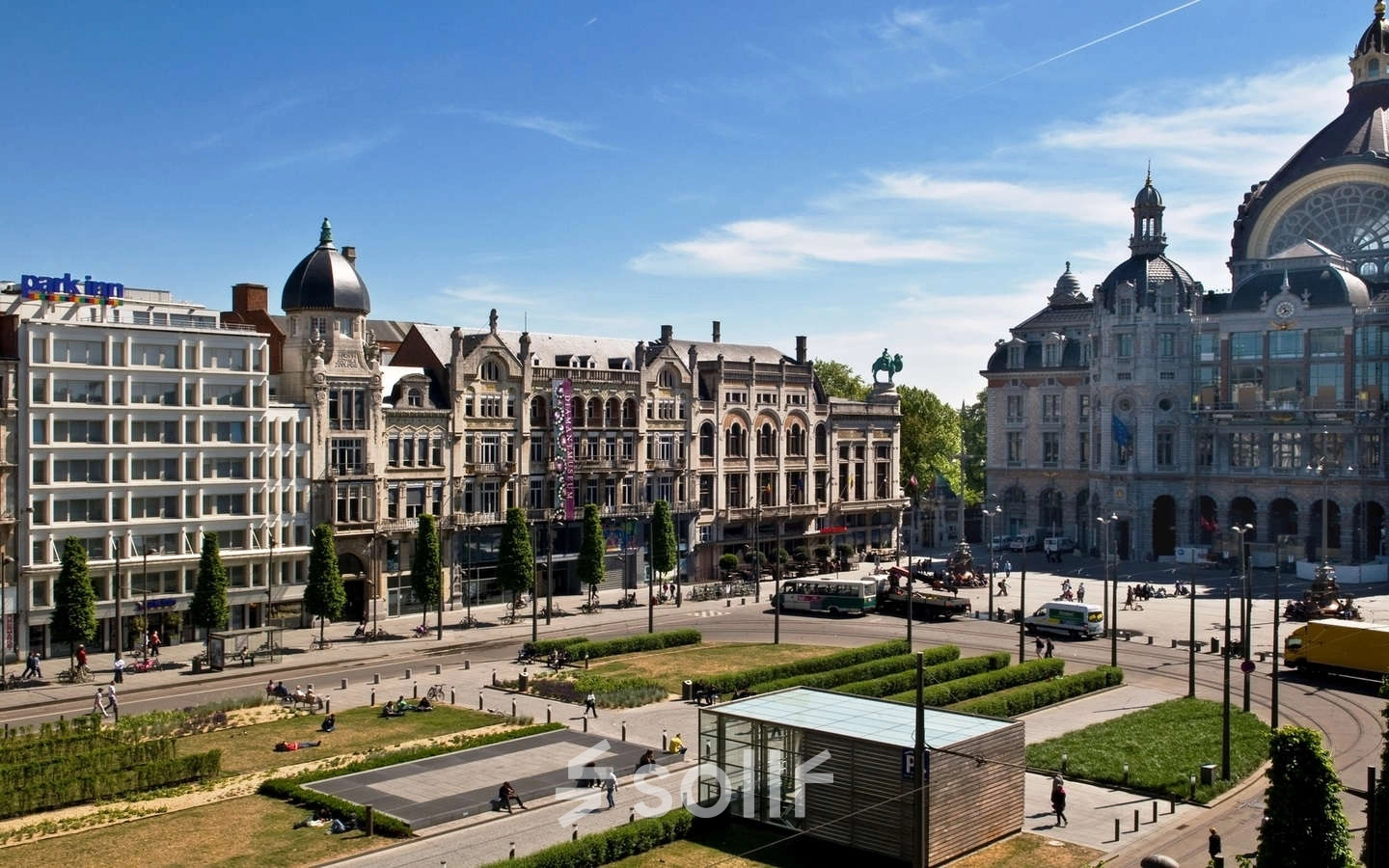 View of Pelikaanstraat 3 in Antwerp Center, showcasing historic architecture with an inviting plaza nearby, ideal for office space rental in a vibrant location.