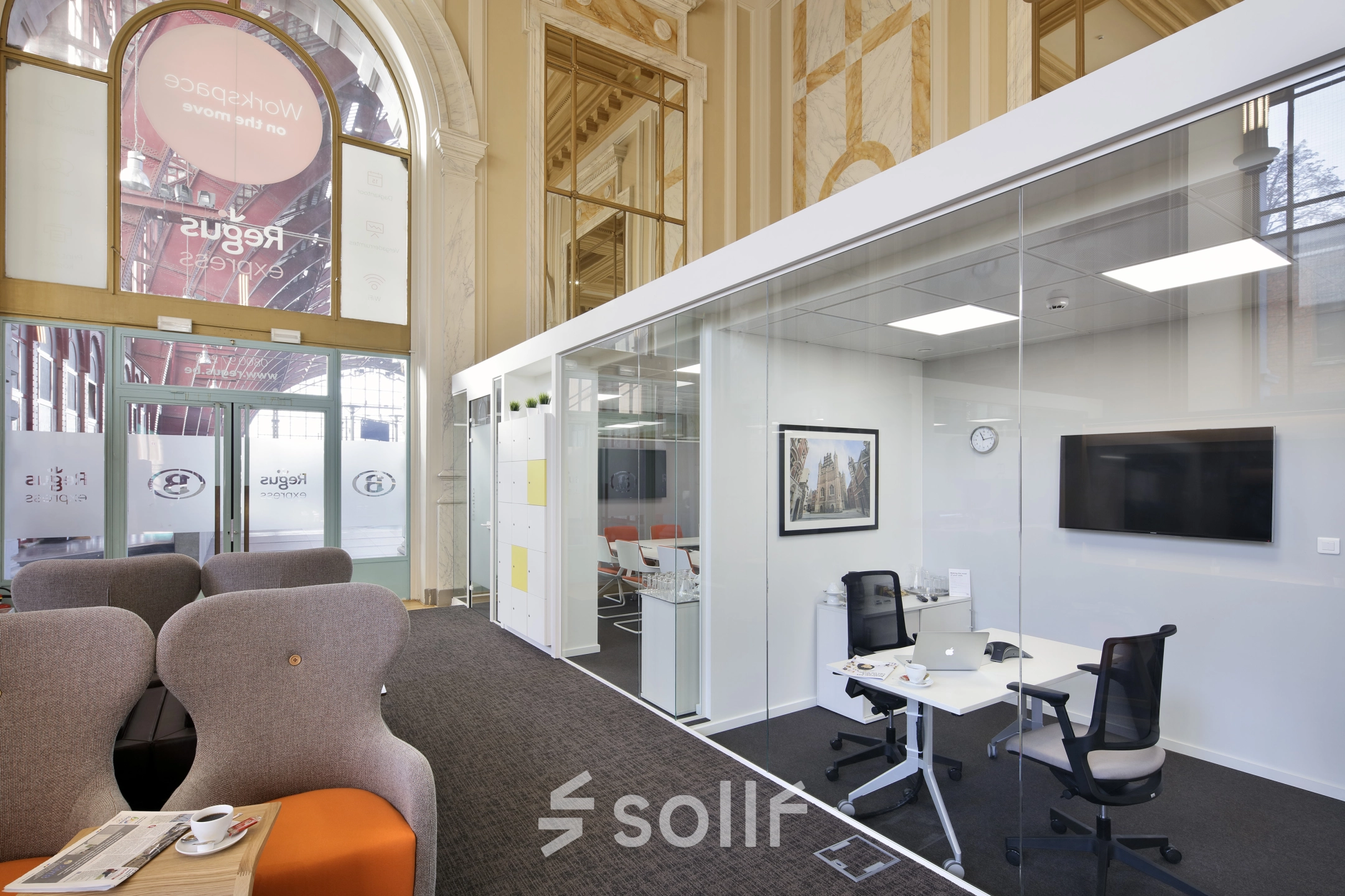 Modern office space with glass partitions and contemporary furnishings at Pelikaanstraat 3, Antwerp Center, ideal for rent office space.