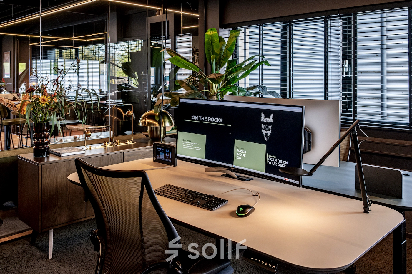 Modern furnished office space available for rent at Lange Amerikaweg 55-61, Apeldoorn. Features ergonomic chair, large monitor, sleek desk, and indoor plants, highlighting an inviting workspace atmosphere.
