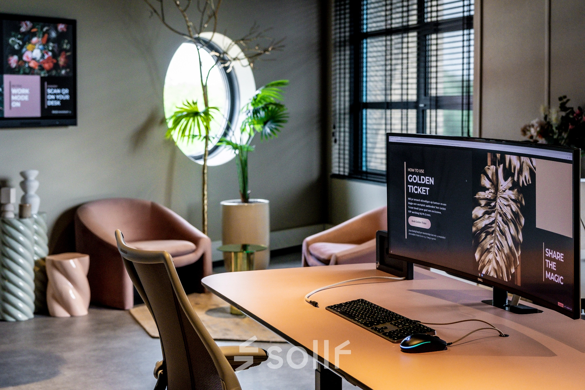 Modern furnished office space with a desk, computer, stylish chairs, and decor at Lange Amerikaweg 55-61, Apeldoorn, available for rent.