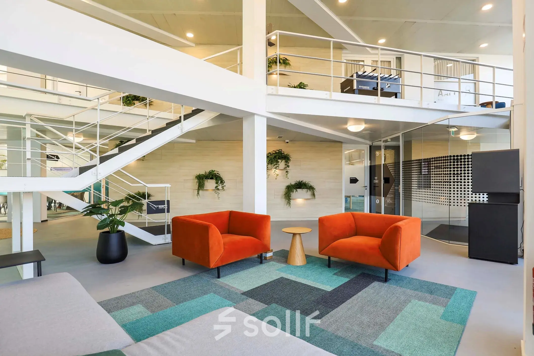 Bright, furnished office interior at Prins Willem-Alexanderlaan 301, Apeldoorn showcasing modern office space rental with vibrant seating and open design.