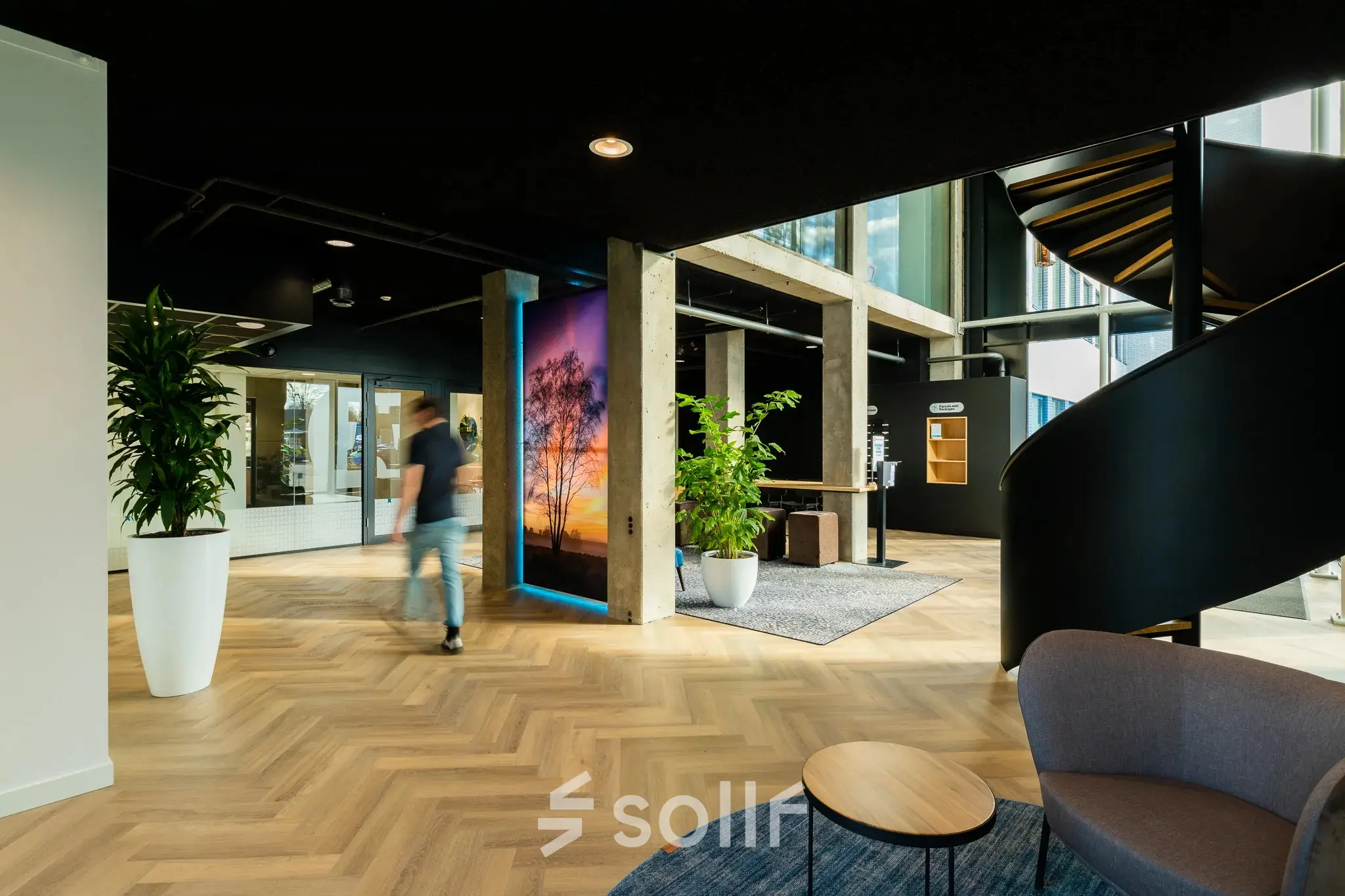 Spacious office entrance at Prins Willem Alexanderlaan 701, Apeldoorn, featuring modern decor with a spiral staircase and greenery. A person walks past the vibrant artwork.