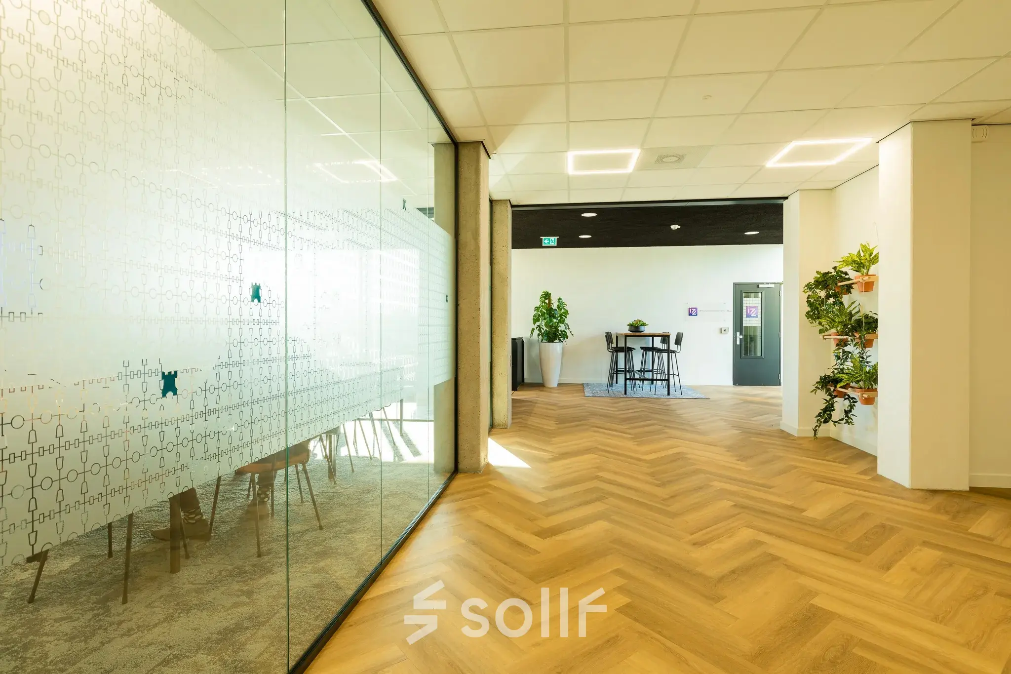 Bright office to rent at Prins Willem Alexanderlaan 701, Apeldoorn, featuring large glass partitions and wooden flooring ideal for renting office space.