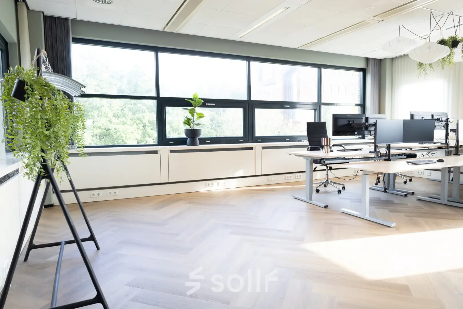Bright office space in Schumanpark 9, Apeldoorn, featuring modern desks and large windows, perfect for those seeking office space rental.