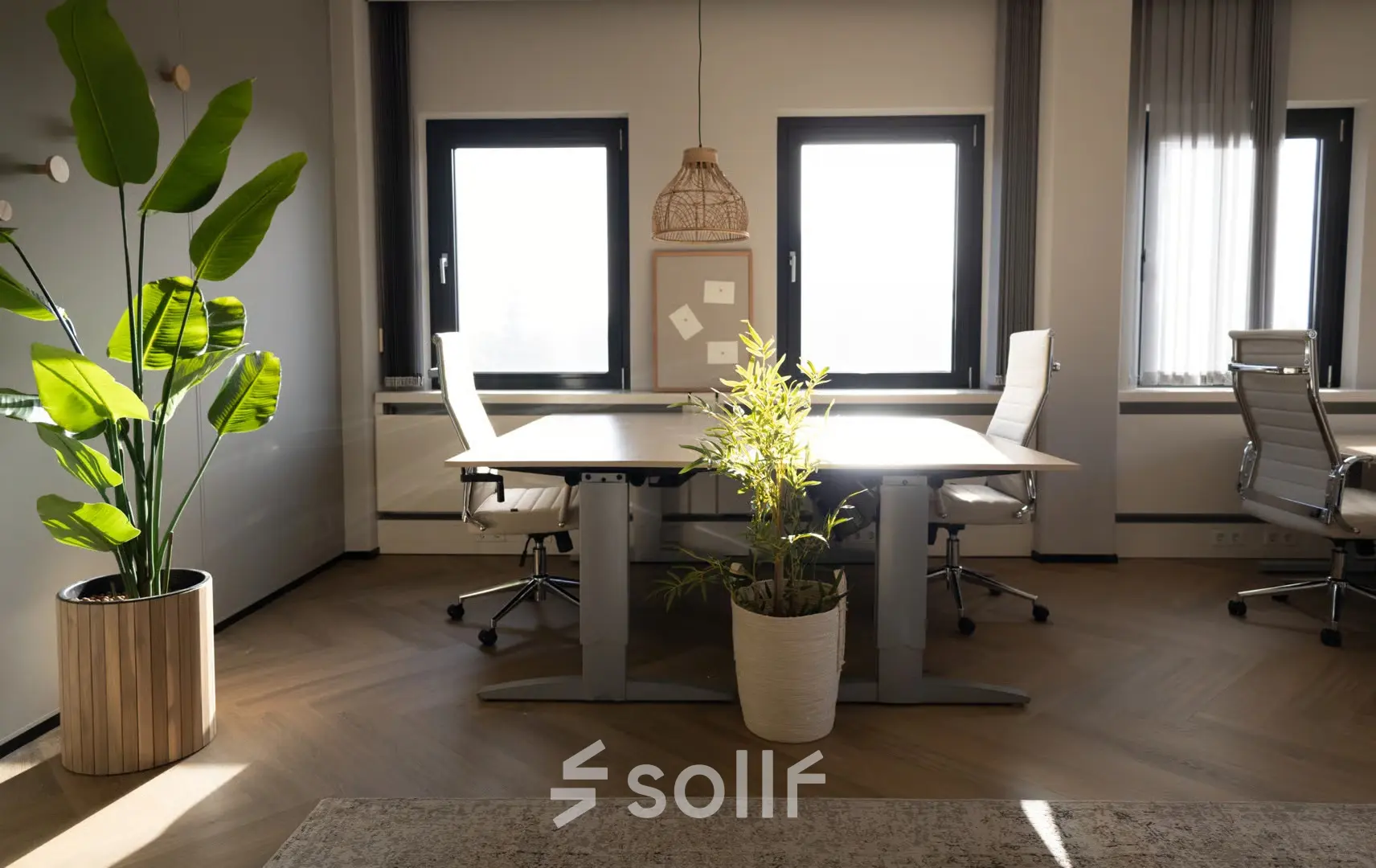 Bright office space in Schumanpark 9, Apeldoorn, featuring modern furnishings and large windows for ample natural light. Ideal for office space rental.