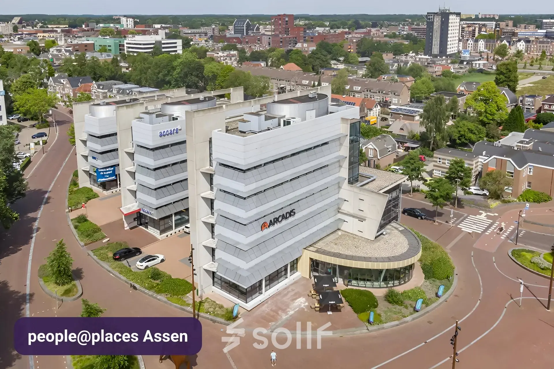 Aerial view of office buildings at Stationsplein 10, Assen, ideal for office space rental.