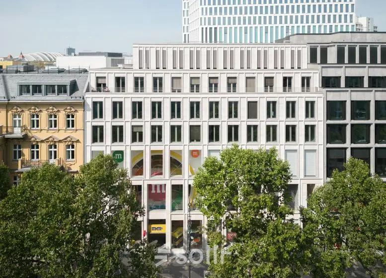 Exterior view of an office building at Kurfürstendamm 14, Berlin Charlottenburg, showcasing potential office space rental opportunities in the area.