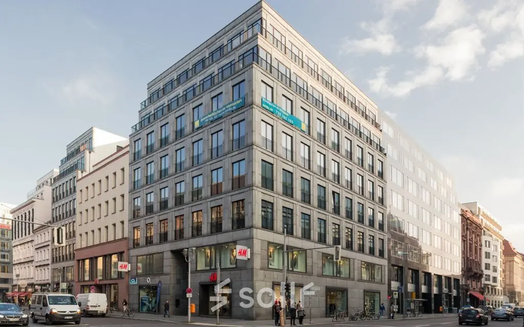 Exterior view of an office building on Friedrichstraße 79, ideal for office space rental in Berlin Mitte.