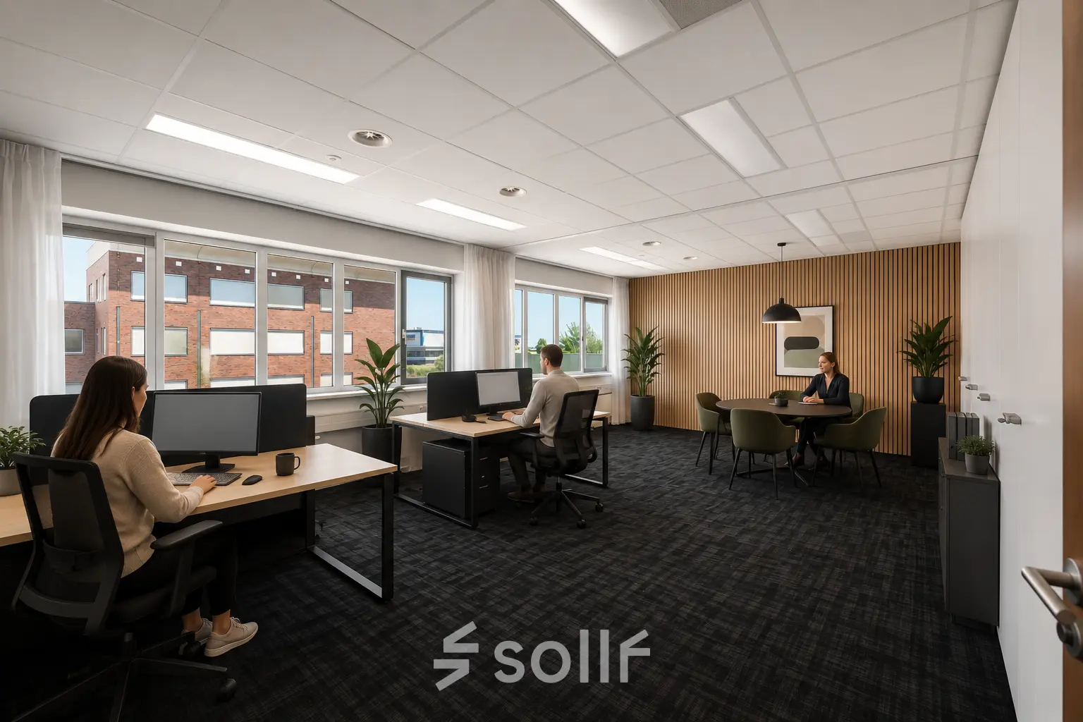 Spacious office at Tolnasingel 1 - 3, Bodegraven, with professionals engaged in business activities, featuring desks and a meeting area, ideal for office space rental.