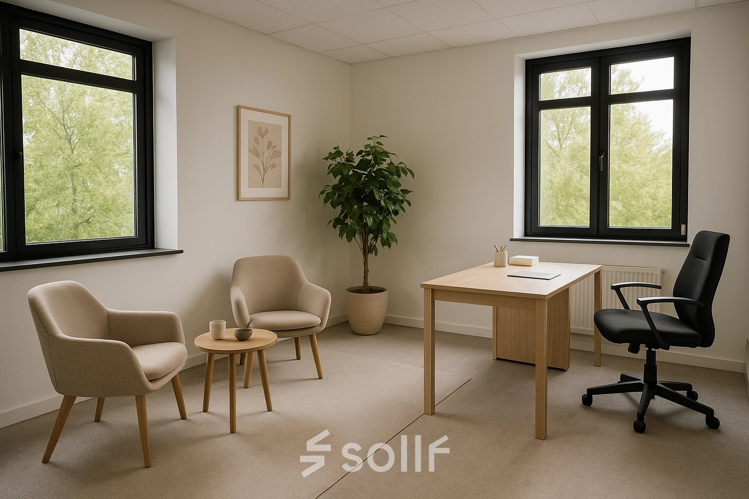 Bright office space at Druivenstraat 25-31 in Breda Oost, featuring a desk, chairs, and a plant, ideal for office space rental.