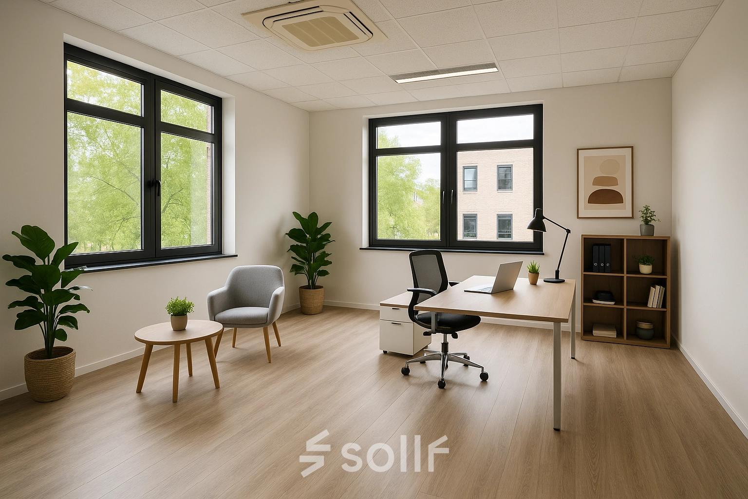 Bright, minimalistic office space with large windows, a desk, chair, and small table in Breda Oost. Ideal for rent office space seekers.
