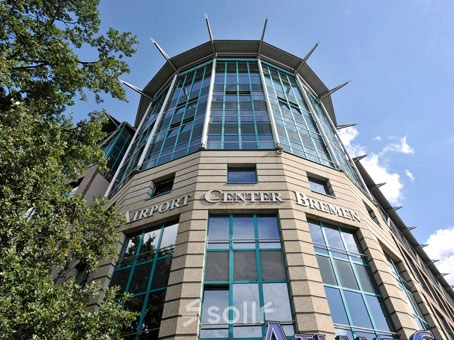 Exterior view of a modern office building at Flughafenallee 26, Bremen Neustadt, ideal for office space rental.