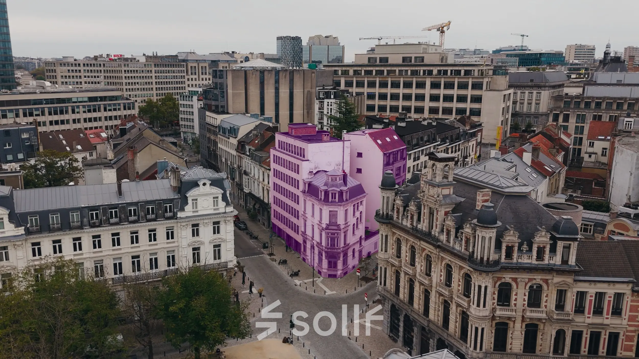 Arial view of Rue du Congres 37 in Brussels Center highlighting an office building suitable for rental.