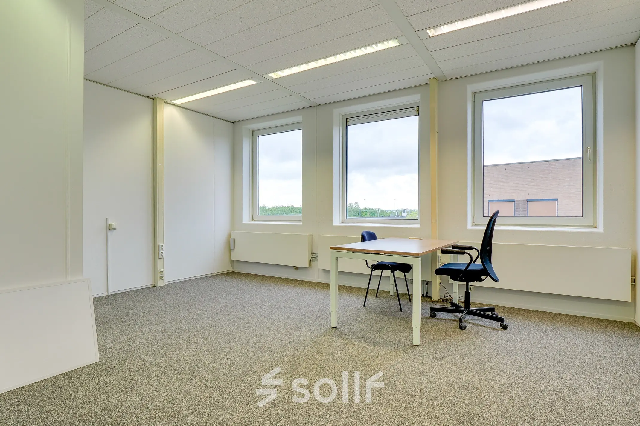 Unfurnished office space for rent at Regulierenring 2, Bunnik, with two windows and a carpeted floor.