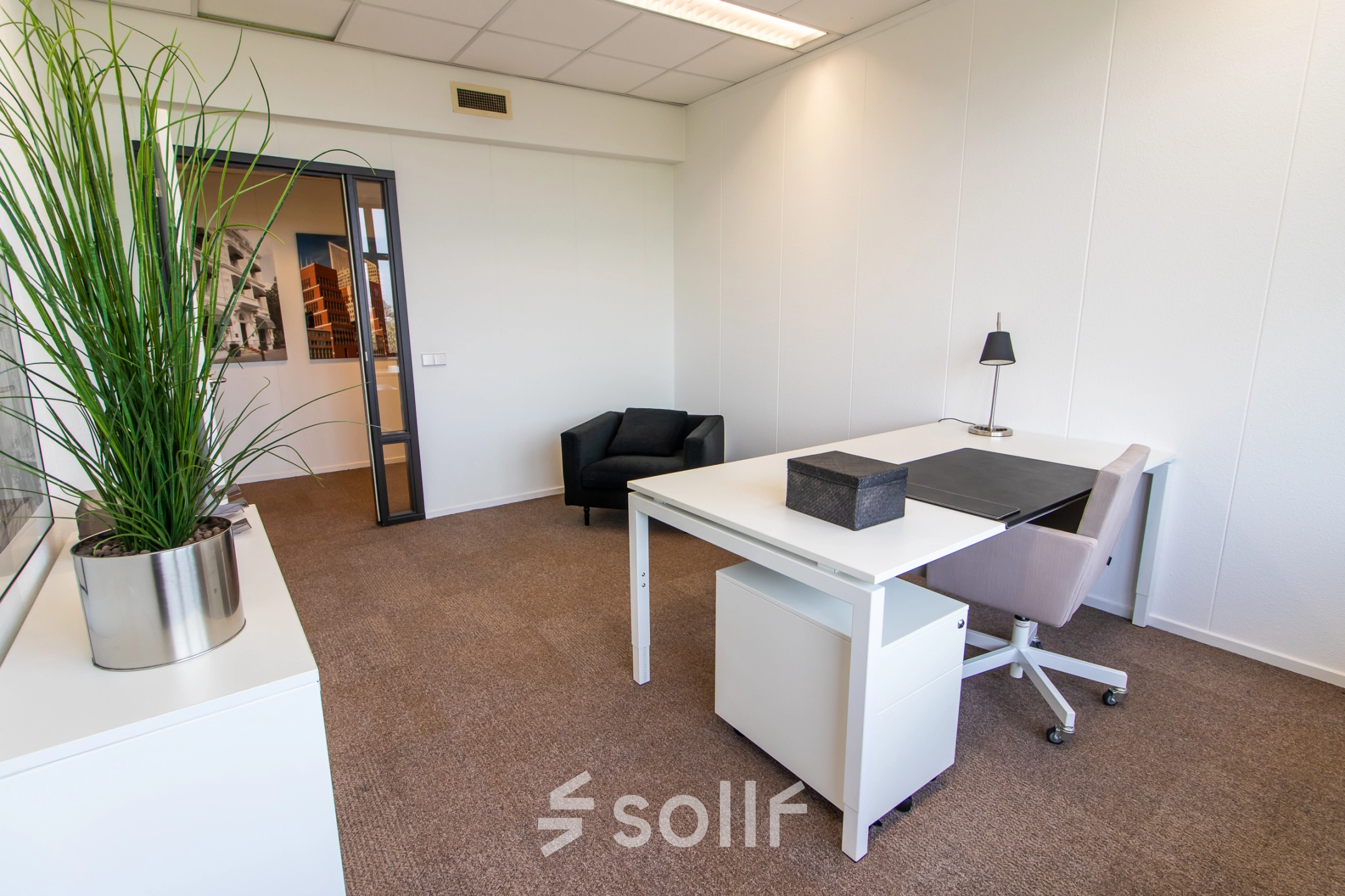 Bright office space at Marshalllaan 2, Delft with a desk, chair, and plant for rent. Ideal for professionals seeking office space rental.