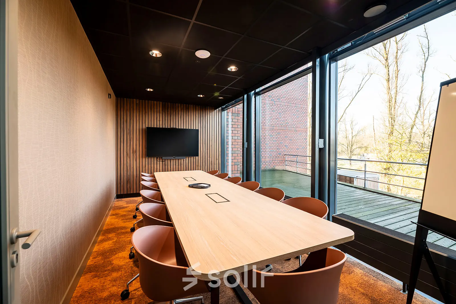 Modern conference room in Hambakenwetering 5, Den Bosch with large windows and a long table, available for office space rental.