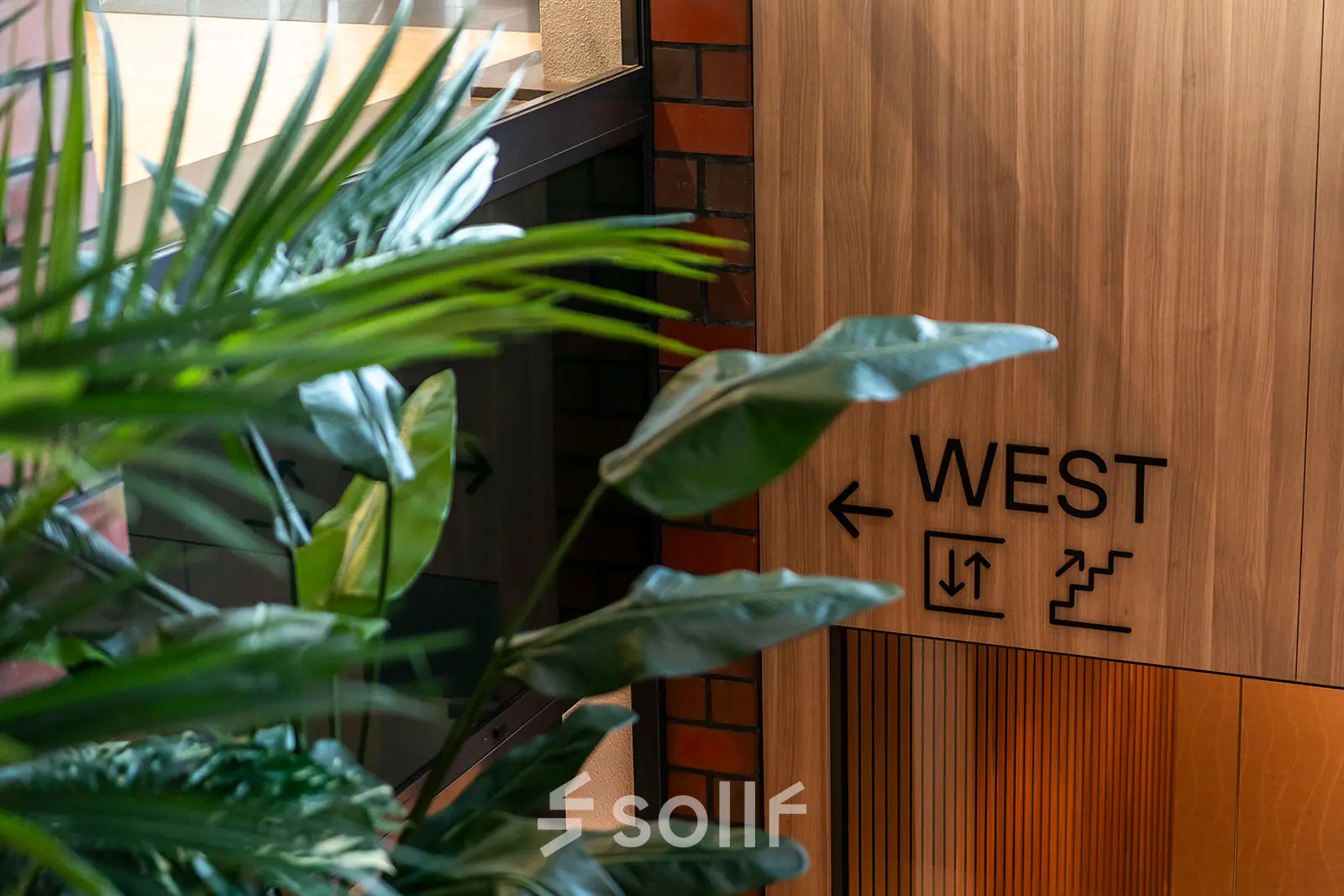 Interior view of Hambakenwetering 5 in Den Bosch, featuring a wooden wall with directional signage and lush green plants, ideal for office space rental.