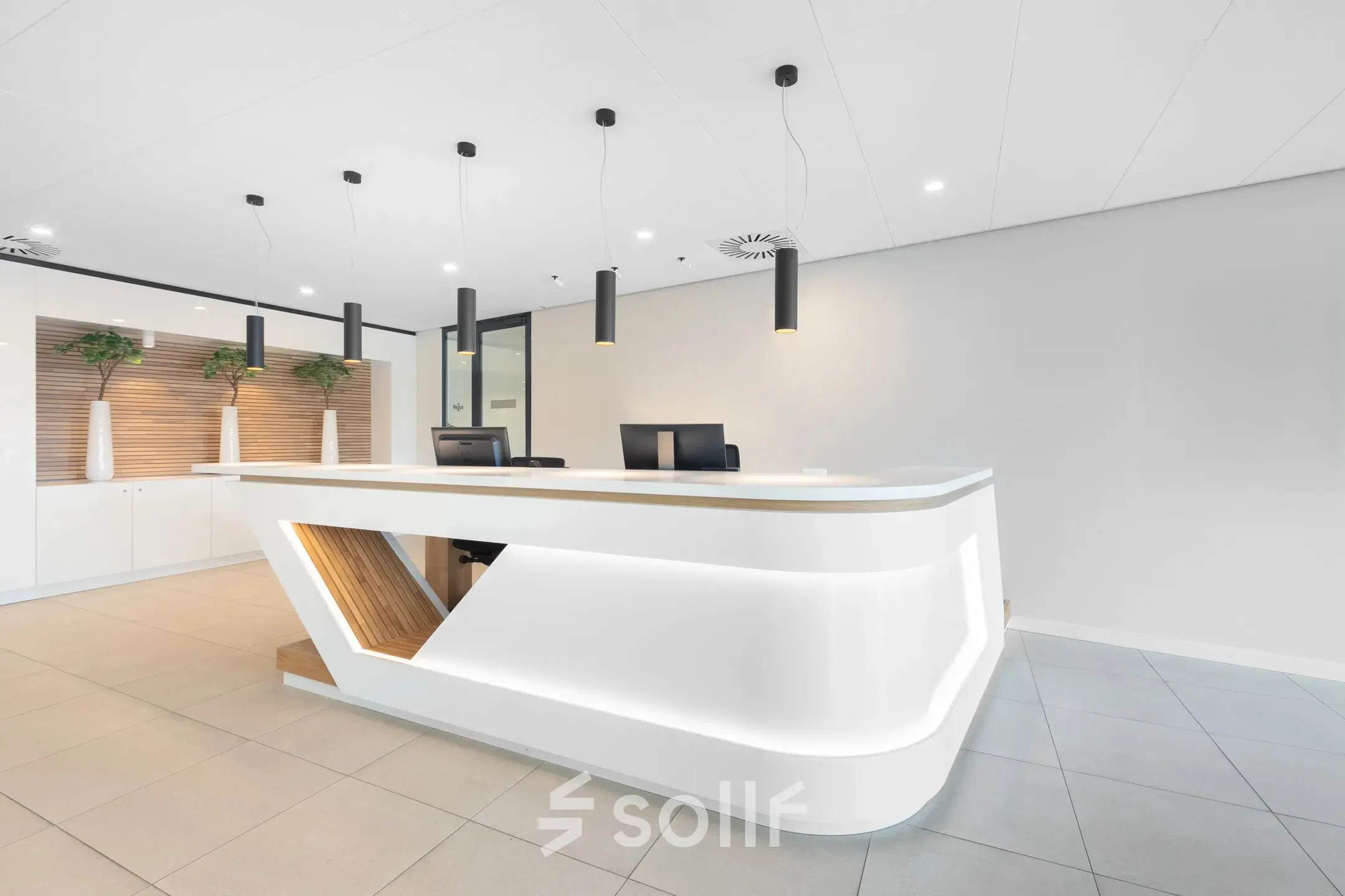 Modern reception area at Willemsplein 2, Den Bosch, perfect for office space rental. The sleek design includes a large desk, minimal decor, and multiple pendant lights.