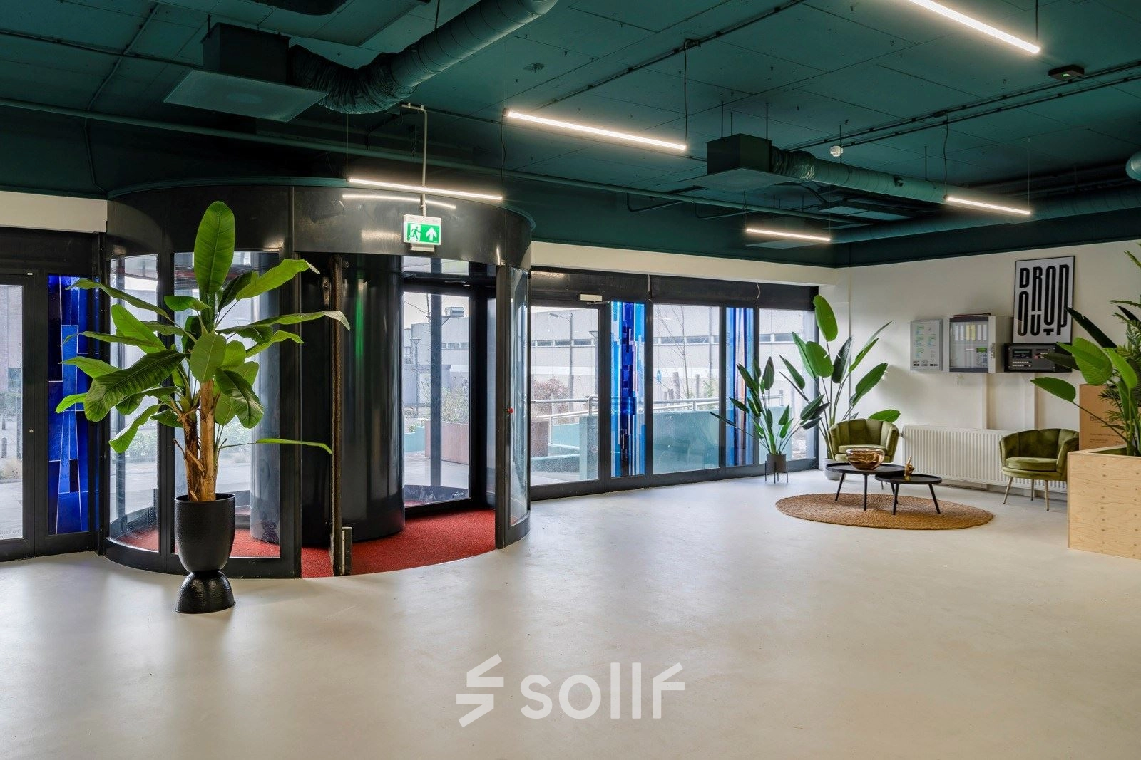 Spacious office entrance at Staverenstraat 15-17, Deventer, featuring modern design with potted plants and natural light. Ideal for those seeking office space rental.