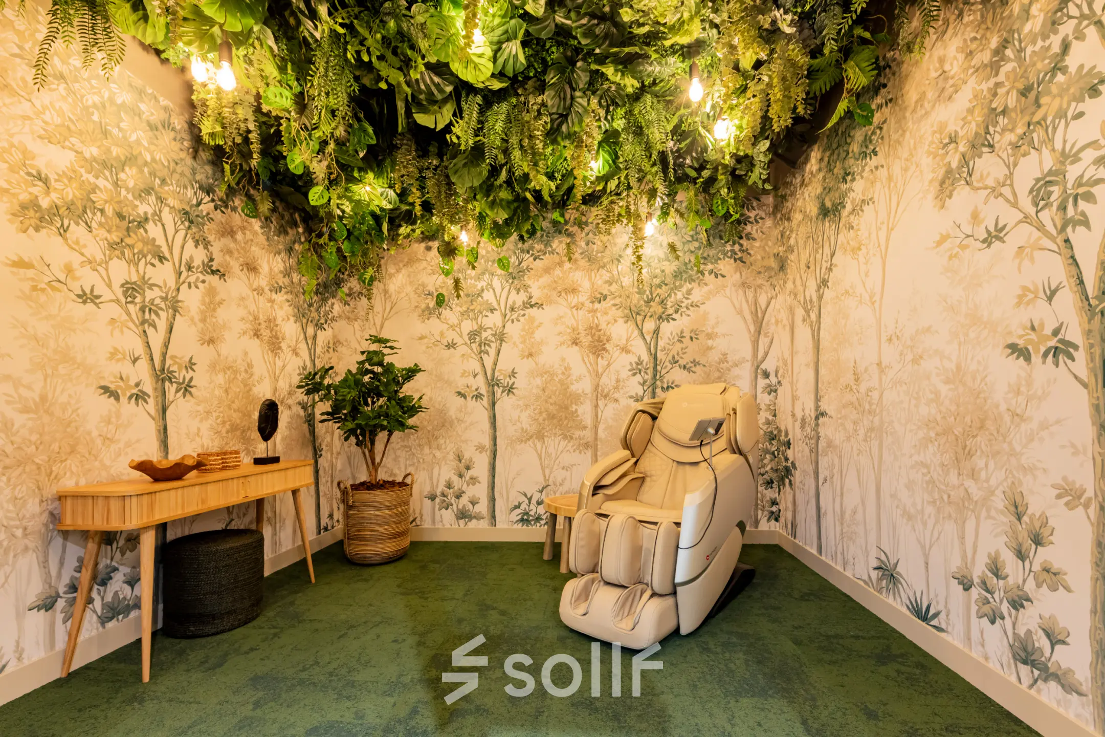 Stylish office space rental featuring a comfortable lounge chair with a nature-themed interior at Diemerhof 42, Diemen.