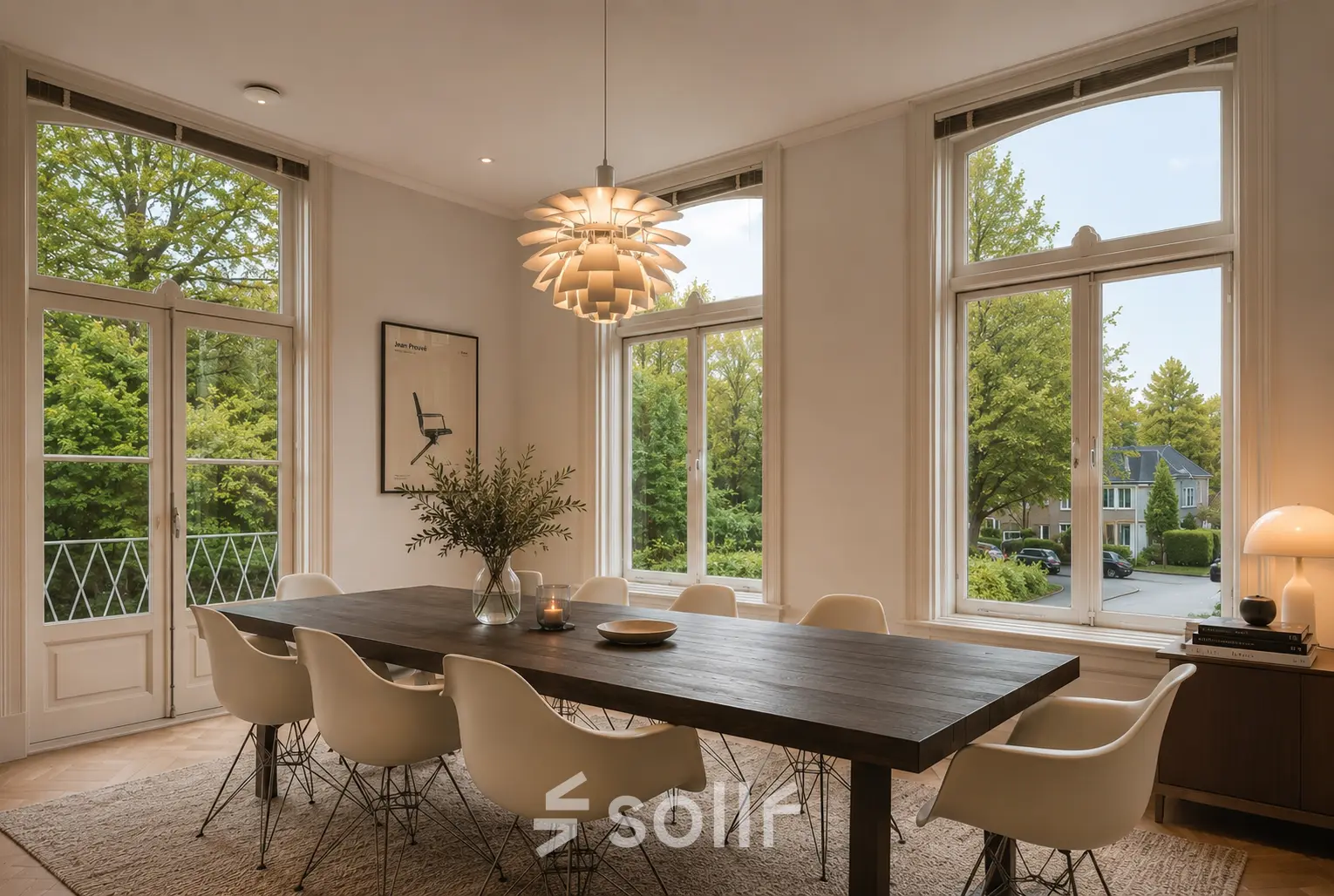 Bright office space to rent in Doorn at Dorpsstraat 77 with a spacious conference table, modern chairs, and large windows allowing natural light.