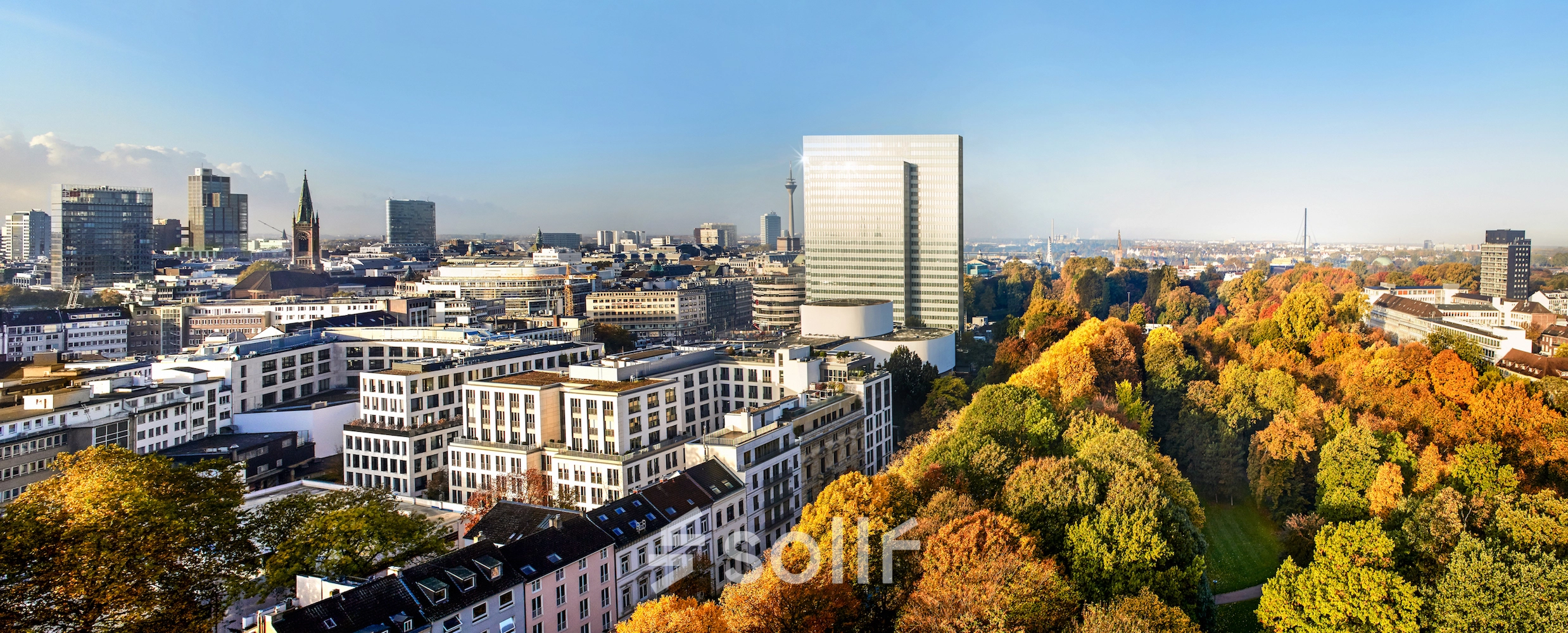 Panoramic view of Dreischeibenhaus 1 amidst Düsseldorf Old Town, surrounded by cityscape and lush trees, ideal for office space rental.