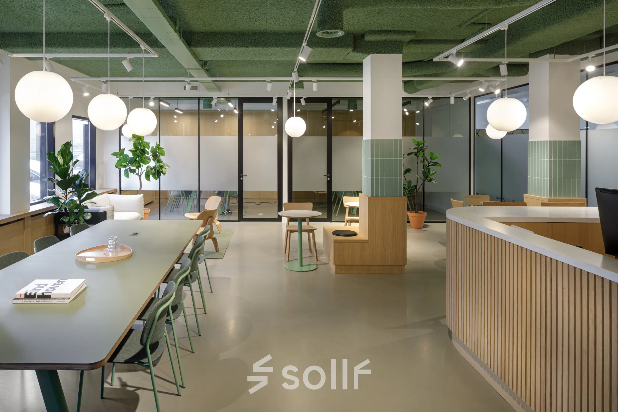 Modern office space for rent at Paradijslaan 30-38 in Eindhoven Center with contemporary furnishings, long tables, and potted plants.