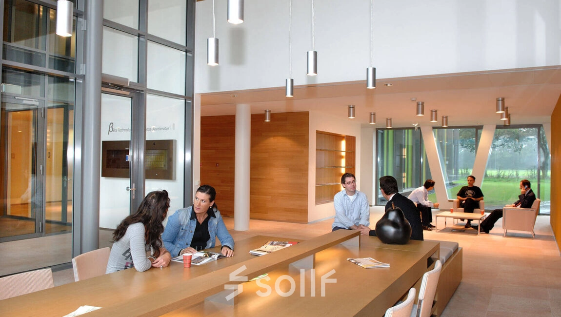 Modern office lounge at High Tech Campus 9, Eindhoven with natural light, offering comfortable seating and tables ideal for business meetings. People are engaged in discussions, perfect for office space rental.