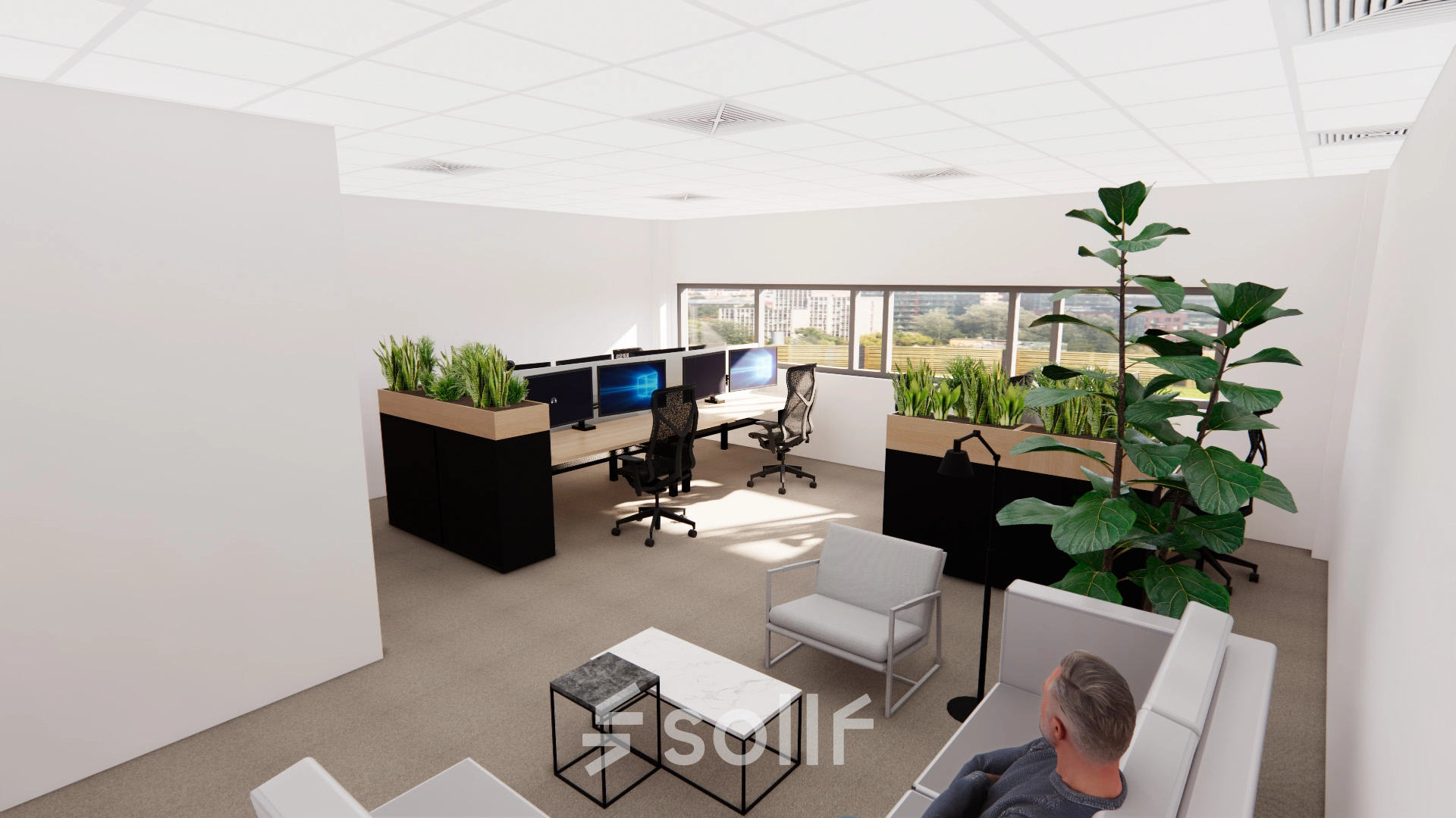 Modern office interior at Brandweerstraat 20-30, Enschede featuring open workspaces with desks, chairs, plants, and large windows offering natural light. Ideal for anyone looking for office space rental.