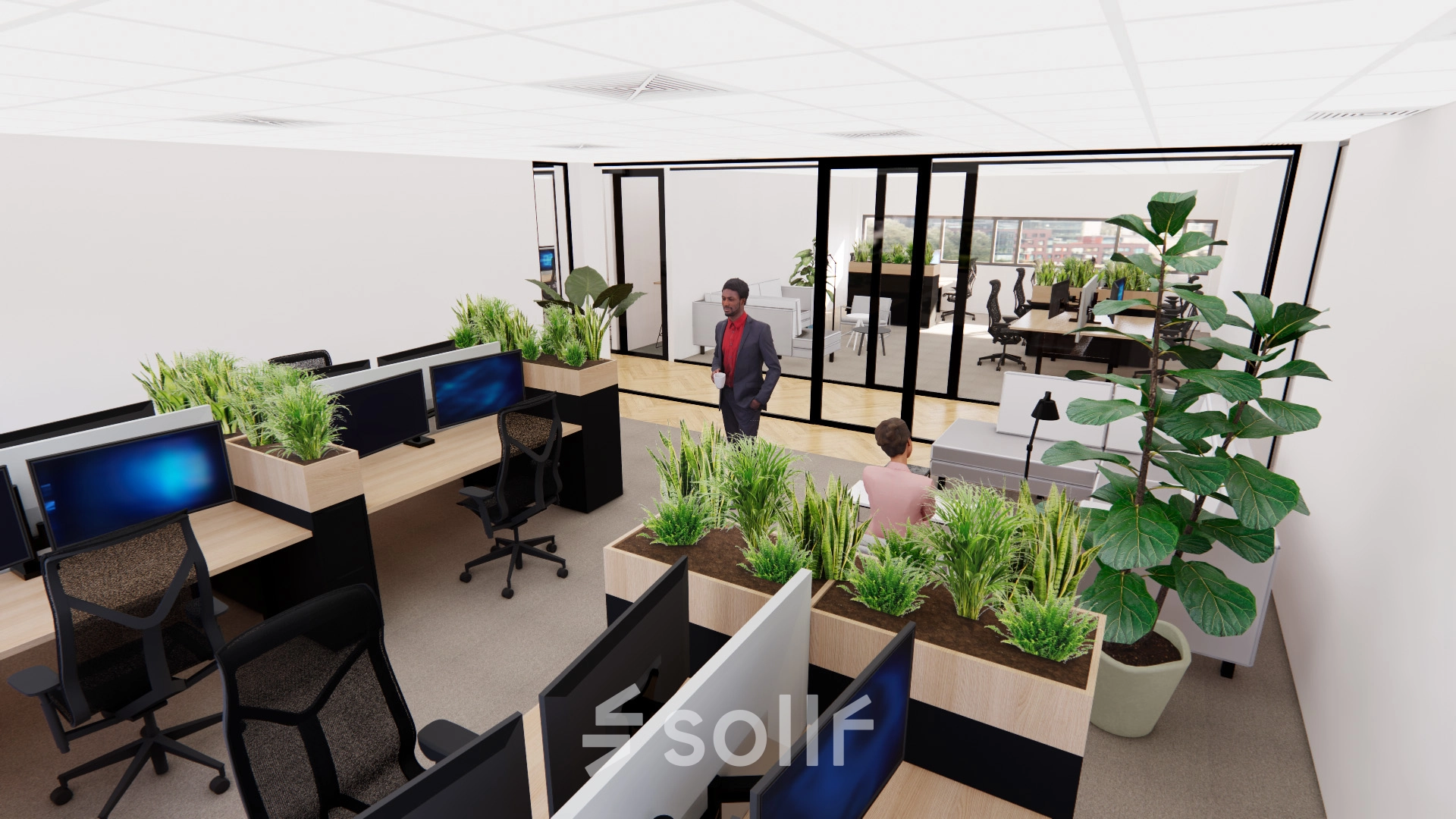 Spacious and modern office interior in Enschede, featuring multiple workstations with green plants for a refreshing atmosphere. Ideal for those seeking office space rental in a vibrant environment.