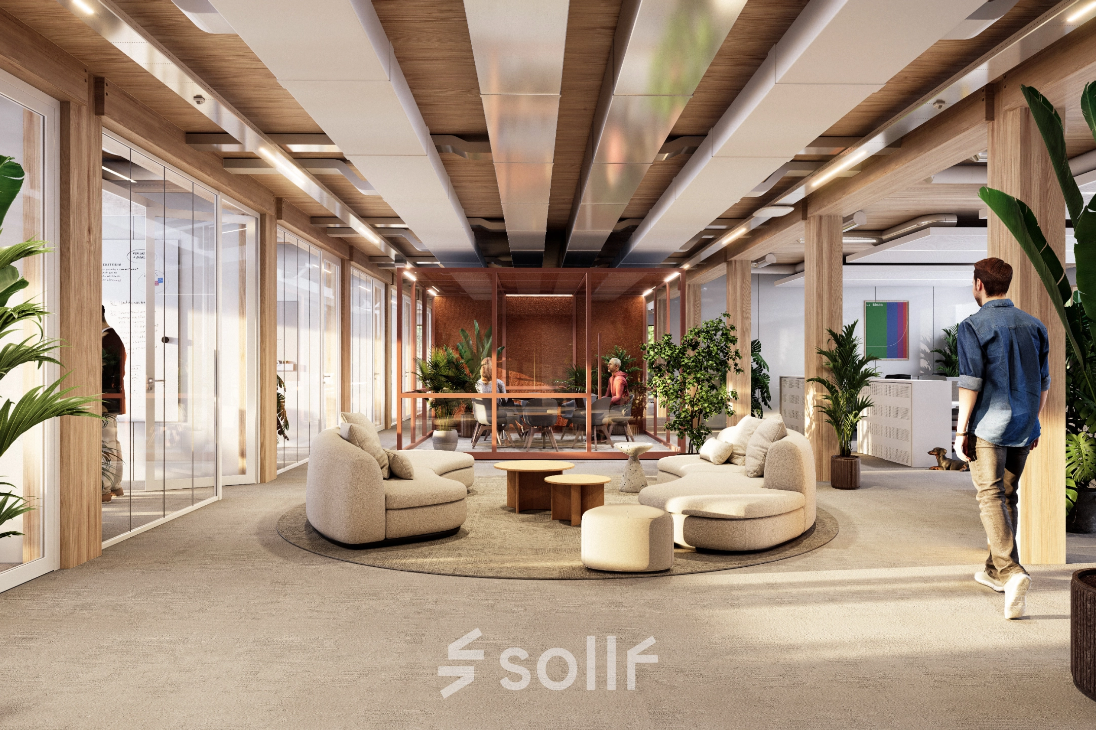 Modern office interior at Moutlaan 1-23, Enschede, featuring a spacious seating area with plush chairs and ceiling accents, perfect for office space rental.