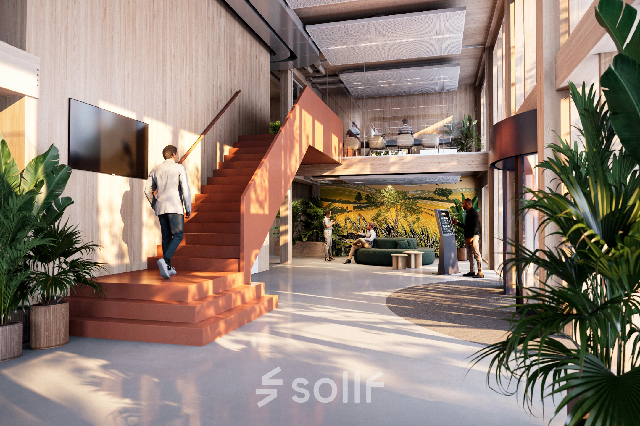 Modern office space at Moutlaan 1-23, Enschede, featuring a stylish open floorplan with greenery, people collaborating and using technology. Ideal for office space rental.