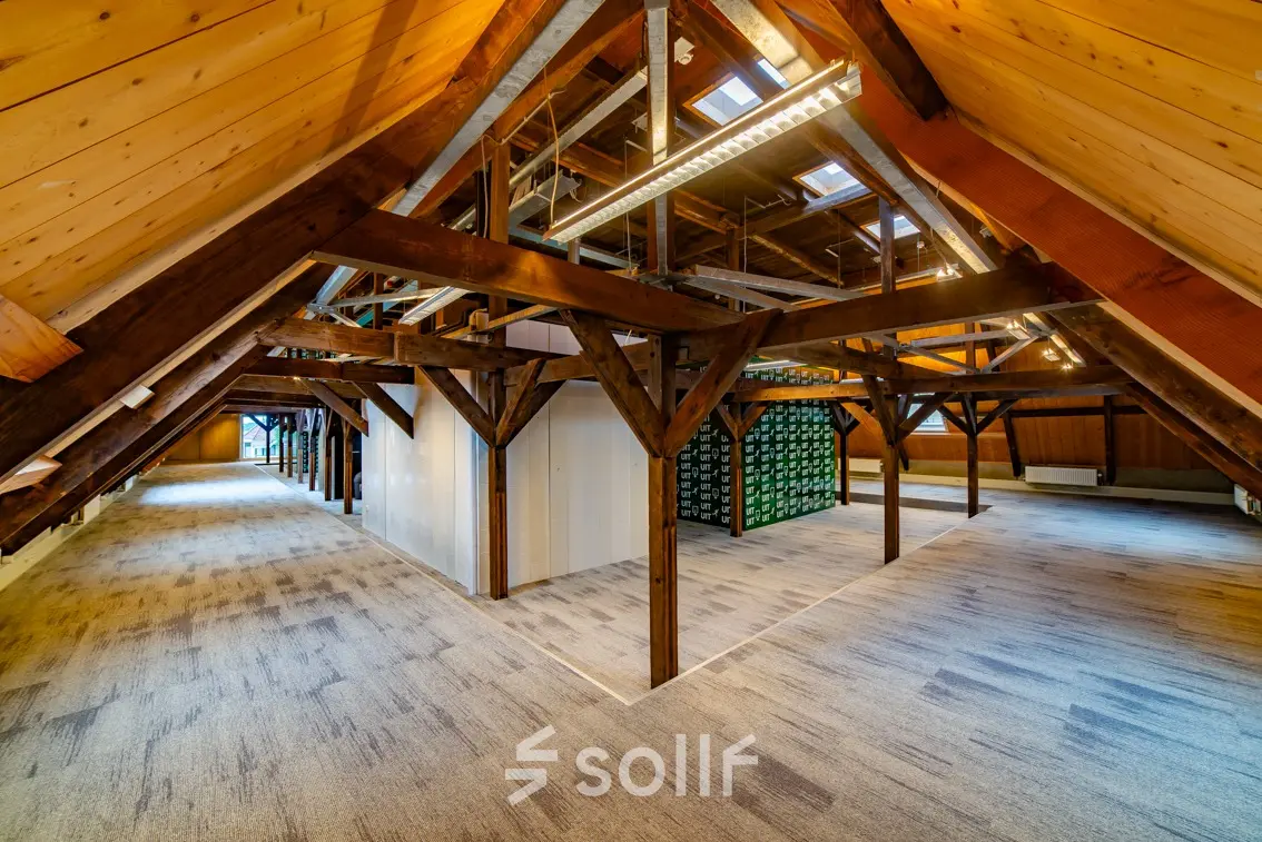 Spacious attic office at Prins Hendrikkade 3, Franeker, featuring wooden beams and carpet flooring, ideal for office space rental.