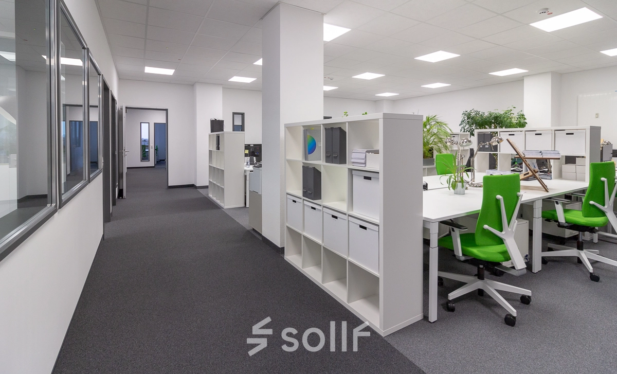 Modern office space in Frankfurt West featuring green chairs, ample shelving, and large desks for workspace rental. Bright and inviting atmosphere with overhead lighting and large windows.