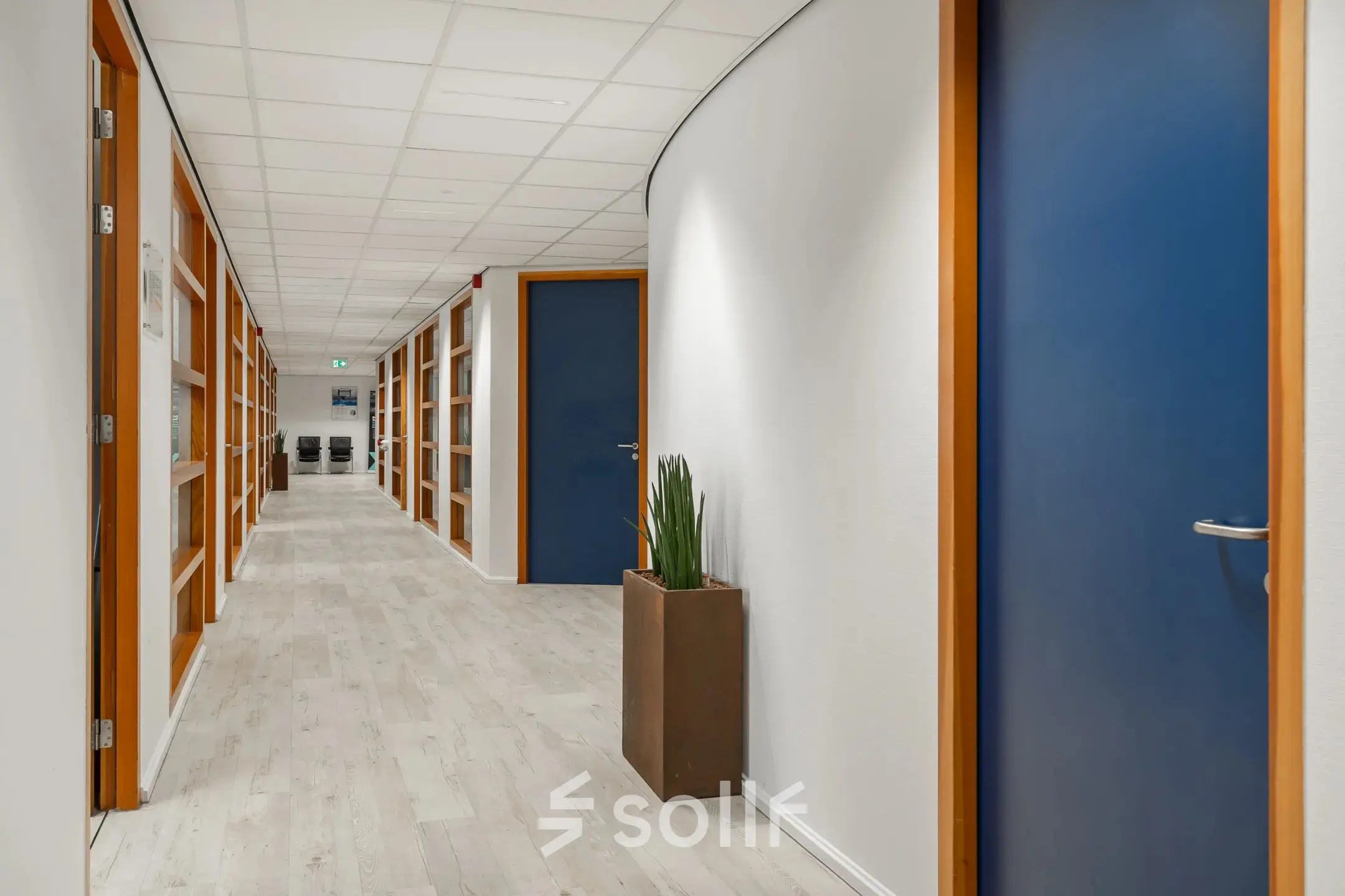 Bright hallway in an office space for rent at A. Hofmanweg 5A, Haarlem Waarderpolder, featuring modern doors and light wooden flooring.