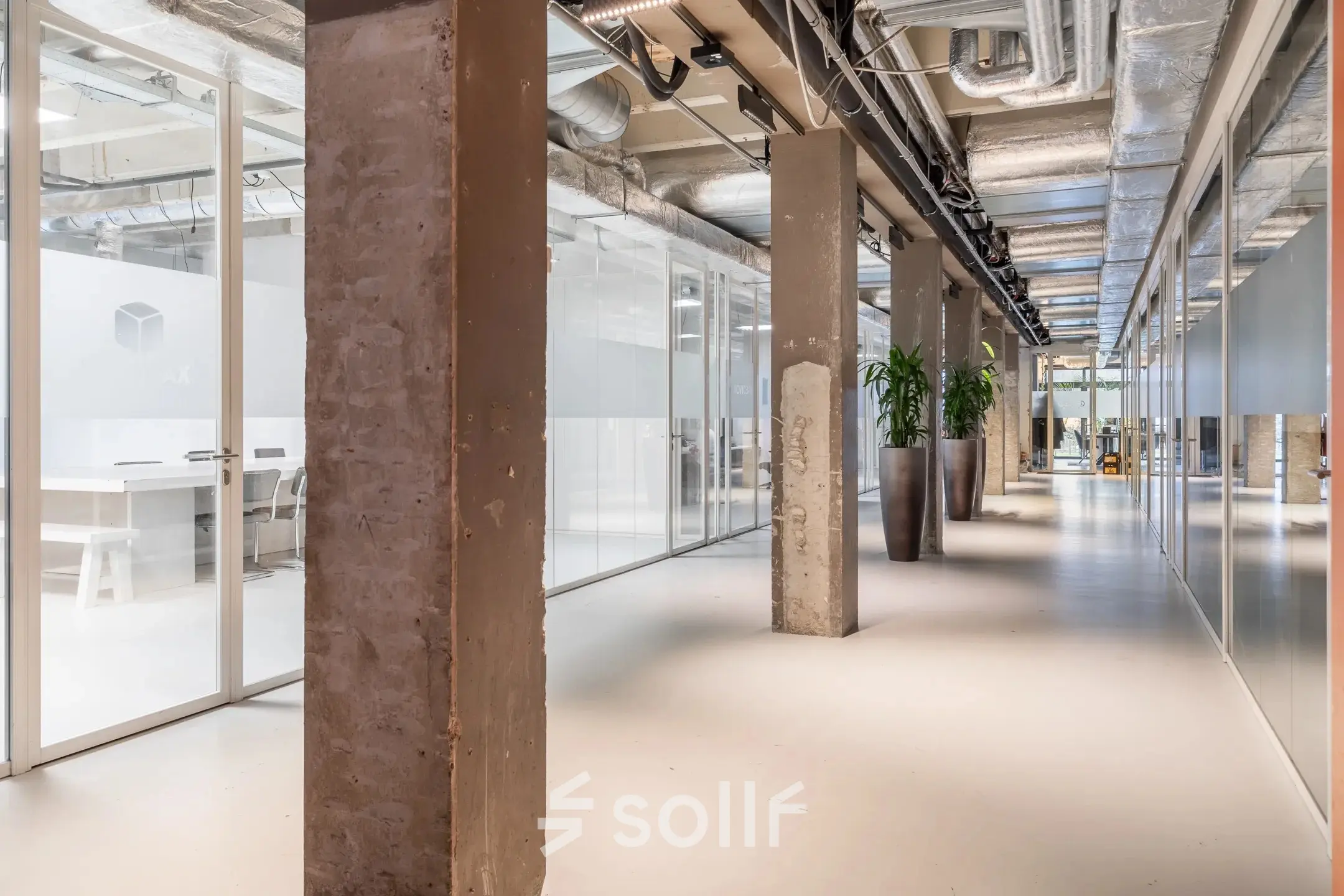 Industrial-style office space at A. Hofmanweg 5A, Haarlem Waarderpolder, featuring open corridors and glass dividers. Ideal for businesses seeking office space rental. Potted plants add a touch of greenery.