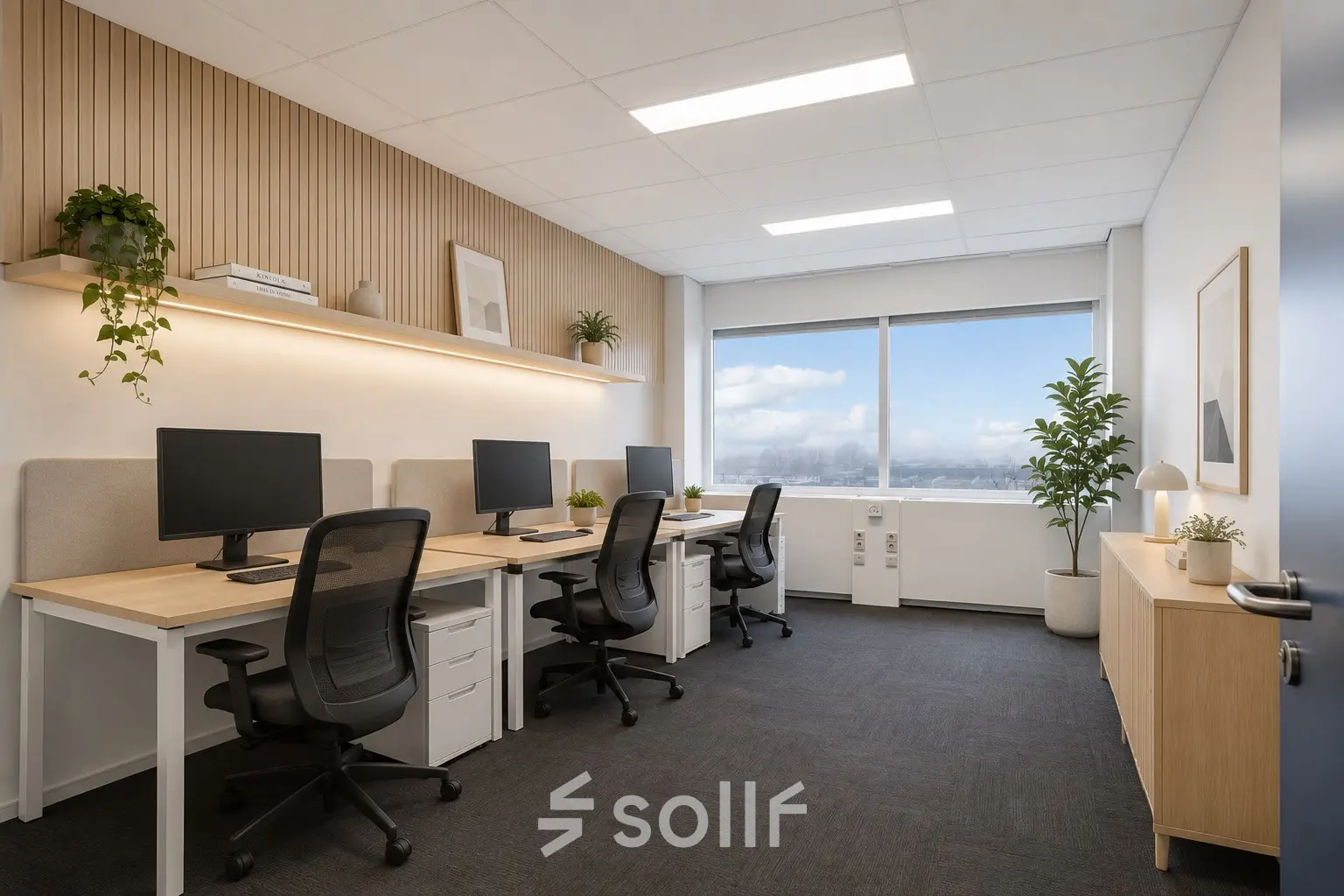 Bright office space for rent in Haarlem Waarderpolder featuring modern workstations, ergonomic chairs, and large windows allowing natural light.