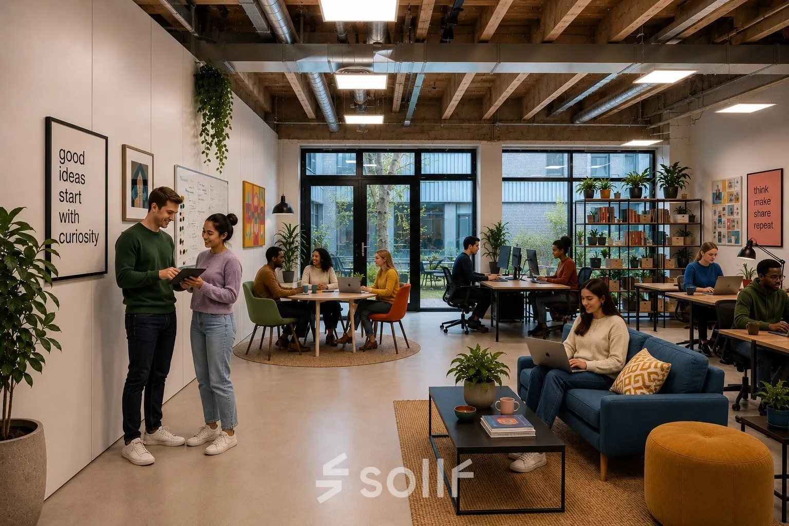 Modern workspace at A. Hofmanweg 5A, Haarlem Waarderpolder, featuring people engaged in collaborative tasks and individual activities.