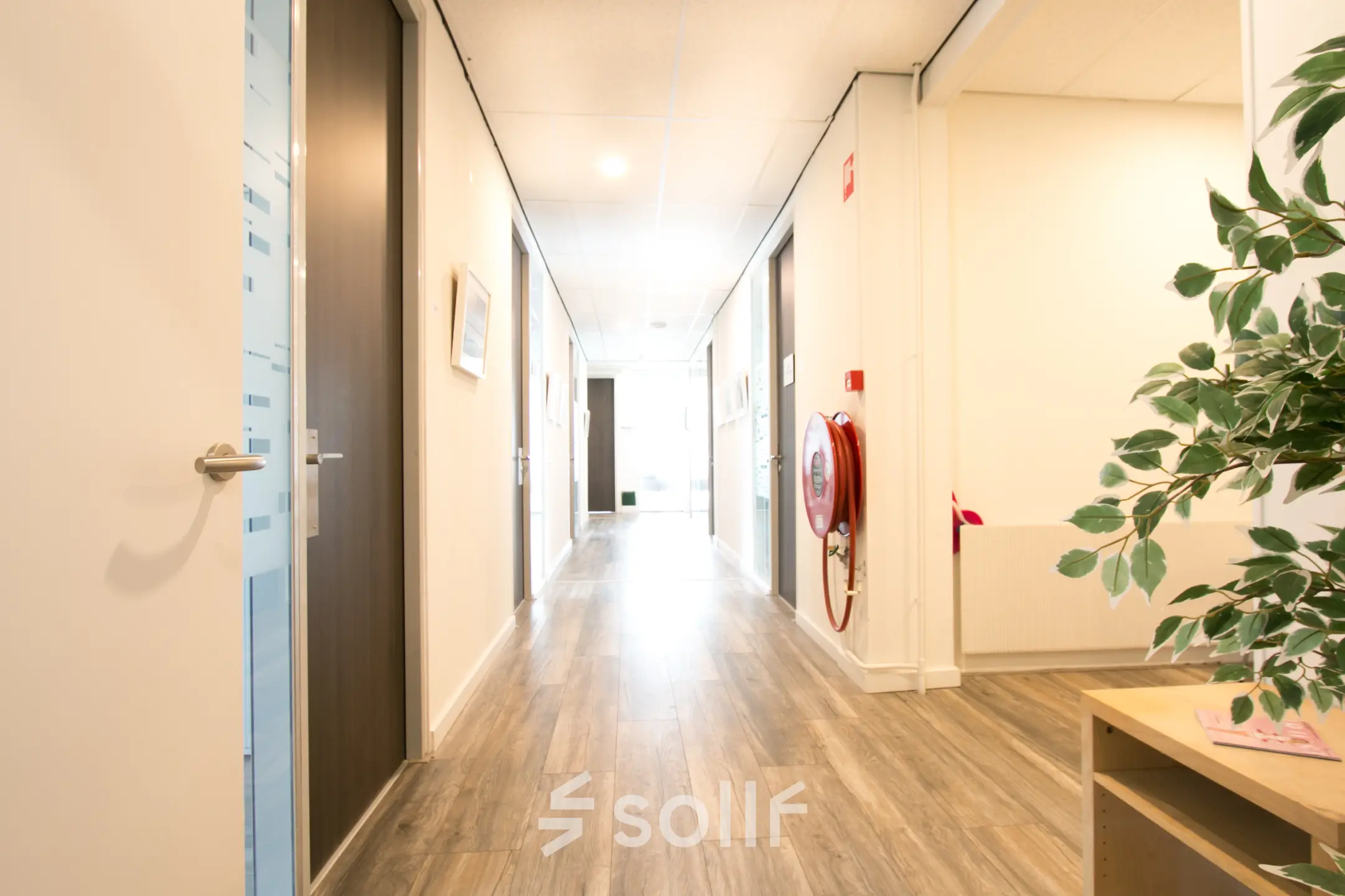 View of a well-lit hallway in an office space available for rent at Waarderweg 19, Haarlem Waarderpolder, featuring wooden flooring and framed prints on the walls.