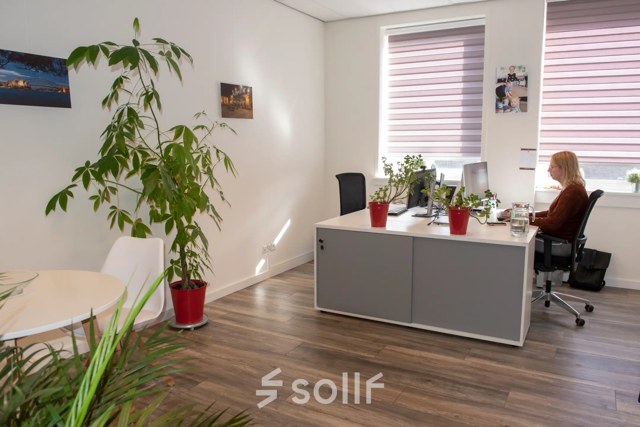 A bright office to rent with a person working at a desk surrounded by plants, featuring modern furnishings at Waarderweg 19, Haarlem Waarderpolder.
