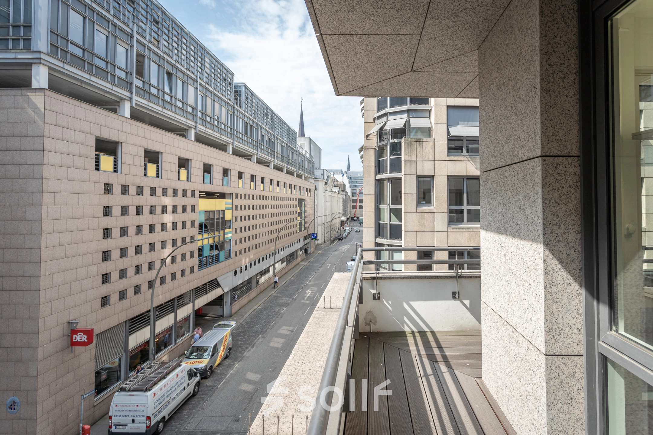 Street view of office buildings in Hamburg Old Town at Raboisen 38. Ideal location for those seeking office space rental with convenient access.