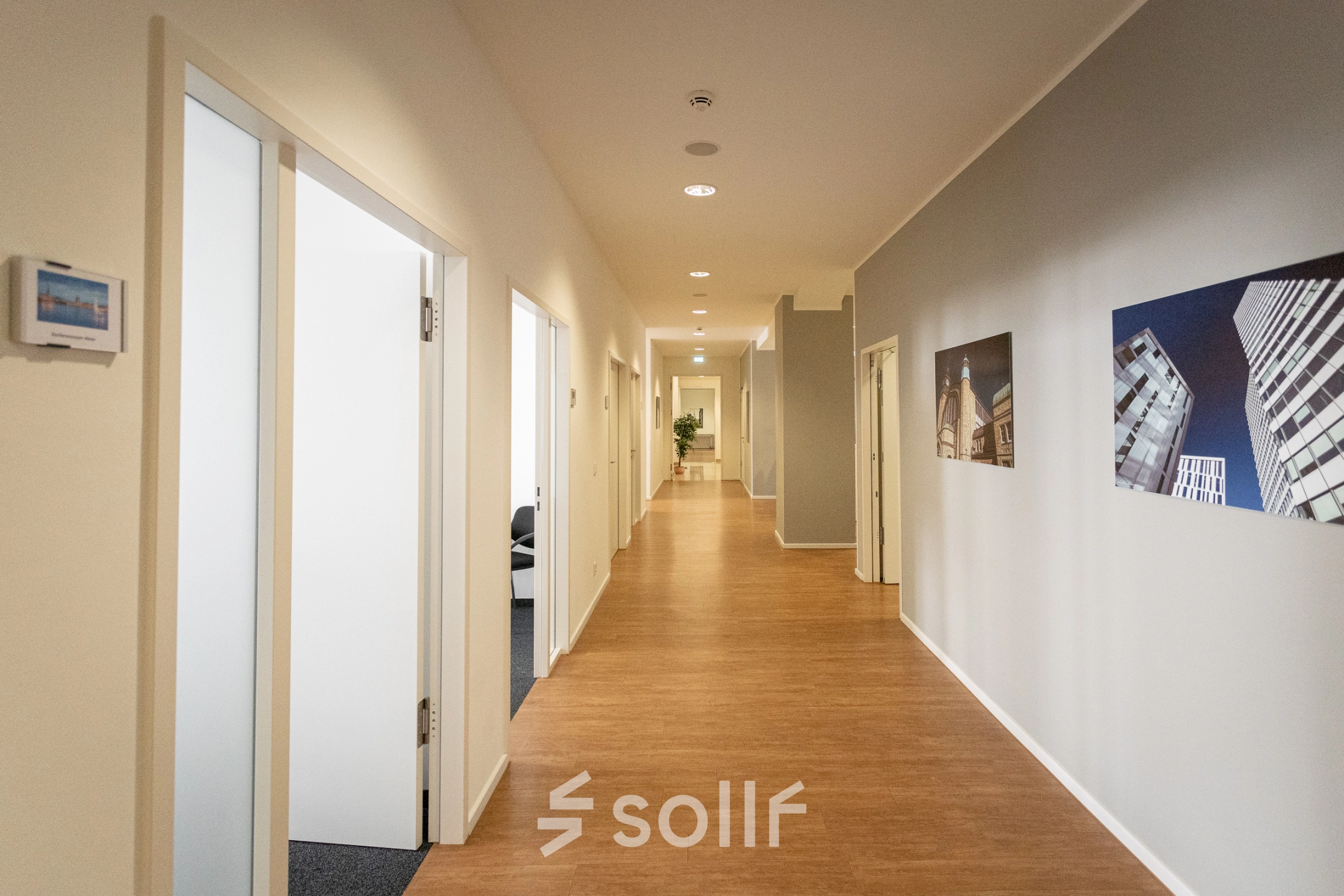 Bright hallway at Raboisen 38, Hamburg Old Town, ideal for office space rental. The corridor leads to various rooms, featuring artwork on the walls.