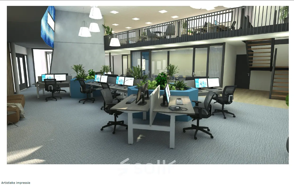 Modern office space with multiple workstations available for rent at Lintelerweg 40, Hengelo. Bright open-floor plan, featuring sleek desks, ergonomic chairs, and computers in a contemporary setting.