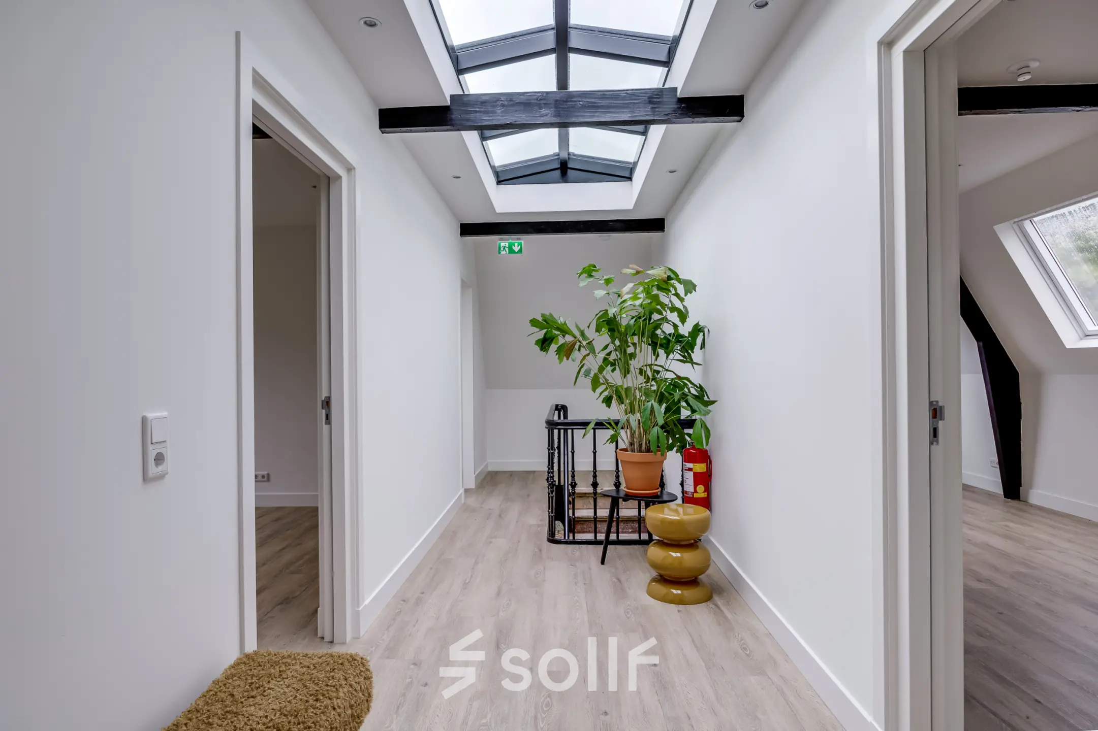 Bright, modern interior hallway at Graaf Florislaan 40, ideal for office space rental with a skylight and plants adding a touch of nature.