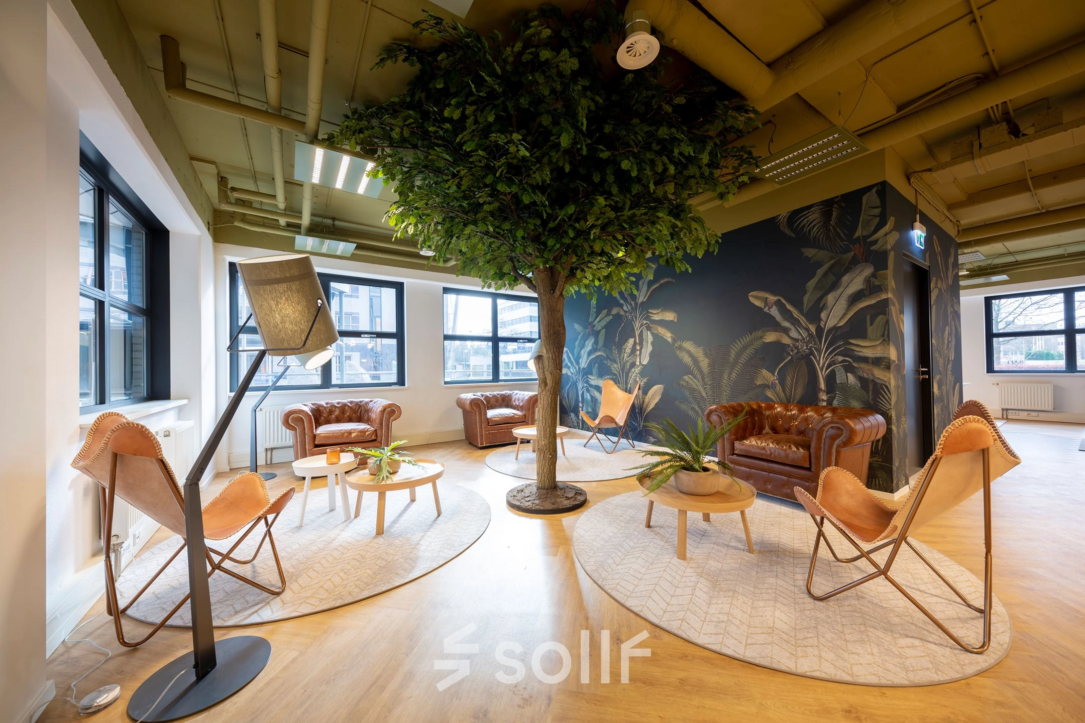 Welcoming office lounge at Olympia 1, Hilversum, featuring stylish chairs and plush decor for a comfortable office space rental experience.