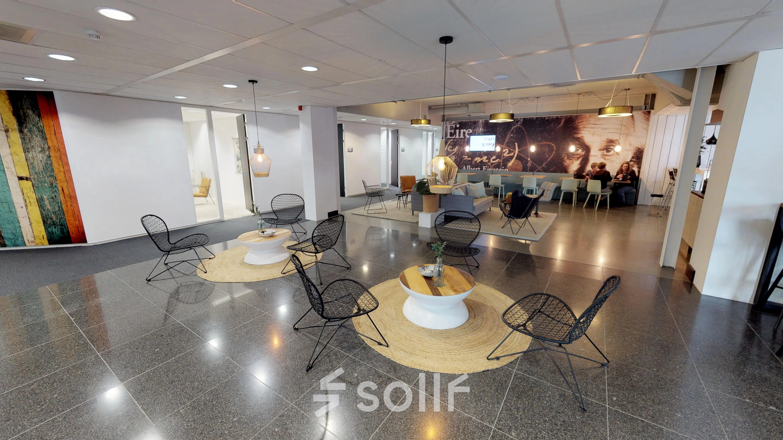 Modern office space for rent at Meidoornkade 22, Houten, featuring a furnished, open floor plan with stylish seating areas and a collaborative atmosphere.