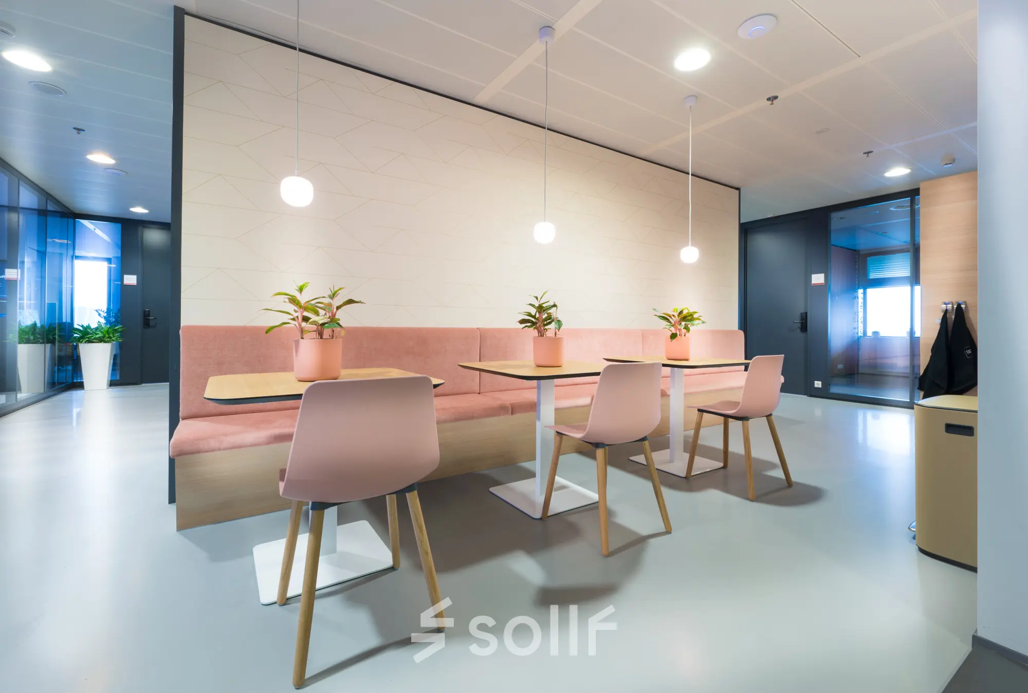 Stylish office space with modern furnishing at Bargelaan 200, Leiden, available for rent. Ideal for workspaces, featuring sleek tables and contemporary seating.