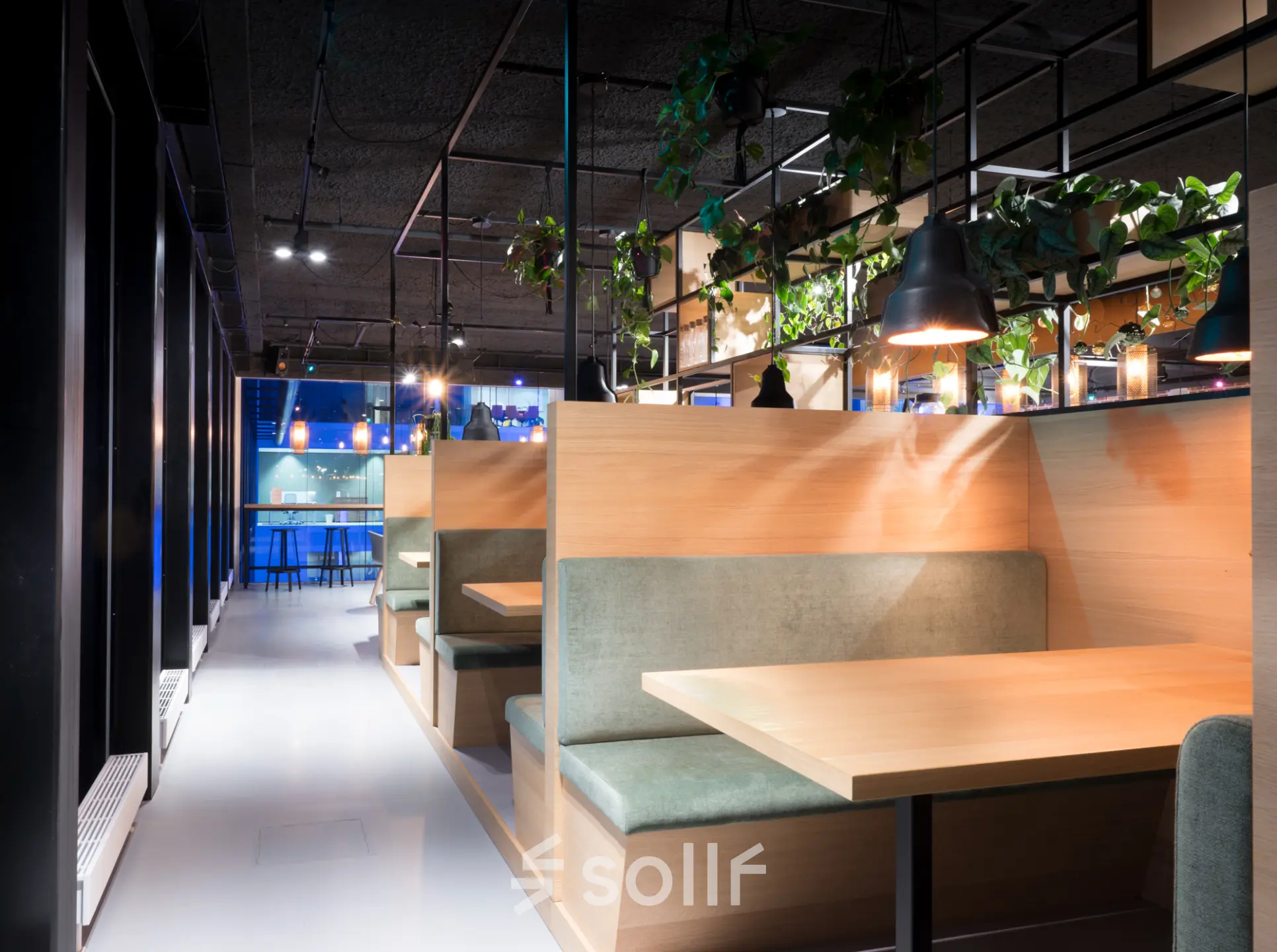 Modern office space with cozy wooden booths and greenery at Bargelaan 200 in Leiden, perfect for rent office space seeking a vibrant environment.