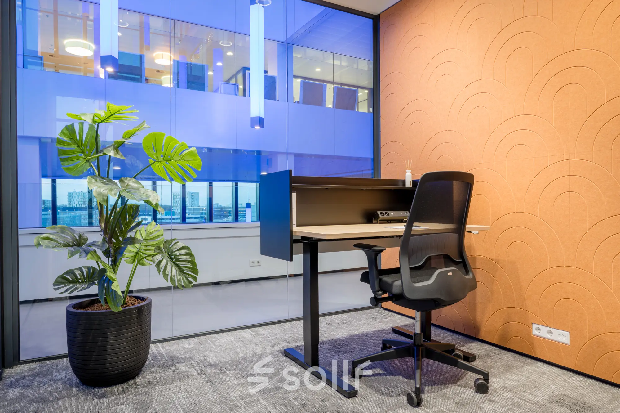Modern office space at Bargelaan 200, Leiden with a sleek desk, ergonomic chair, and a large potted plant, ideal for office space rental.