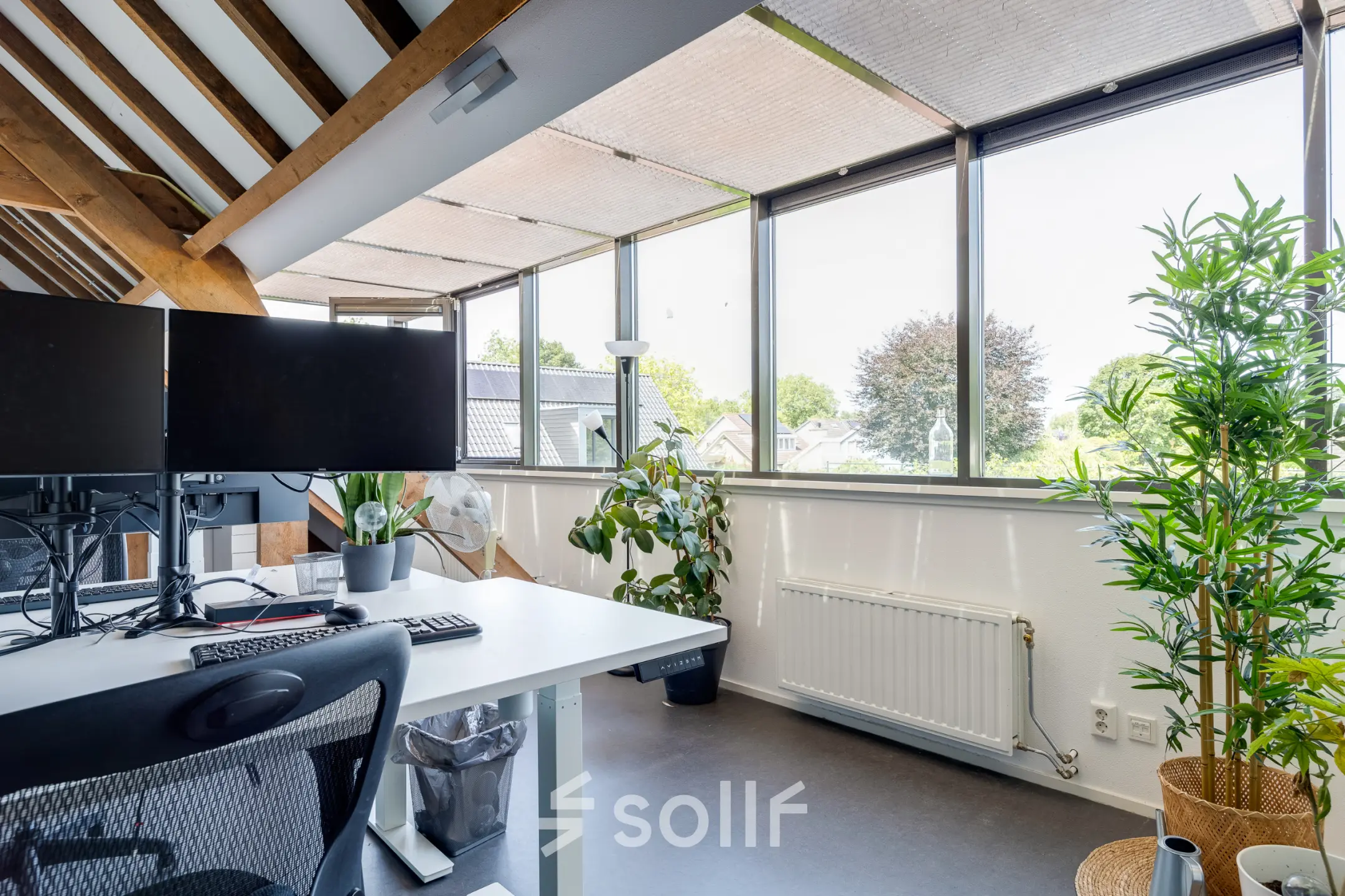 Bright, furnished office space with large windows, plants, and workstations available for rent at Hamersveldseweg 120, Leusden.